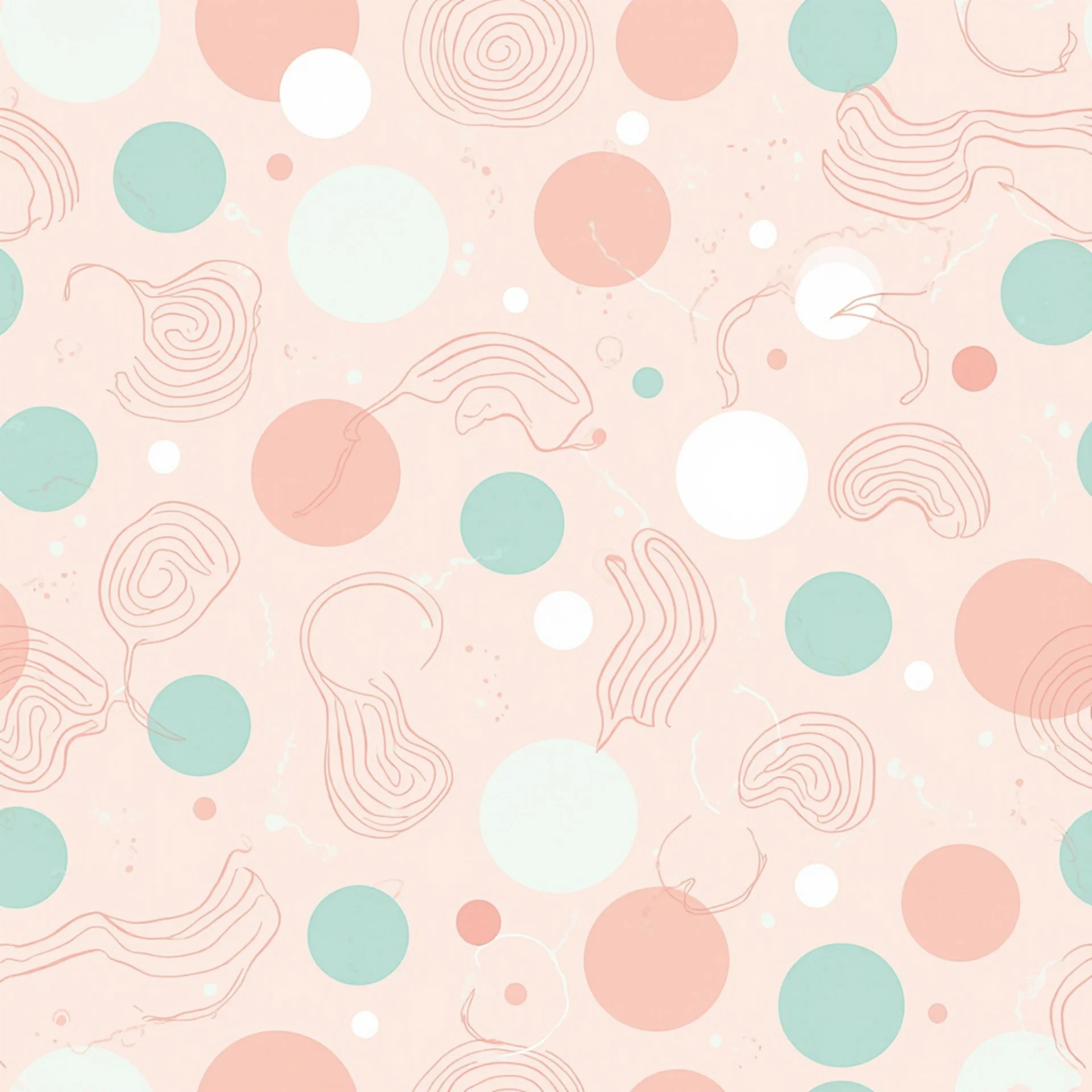 Abstract pastel-colored pattern with circles, irregular lines, and wavy shapes on a light pink background.