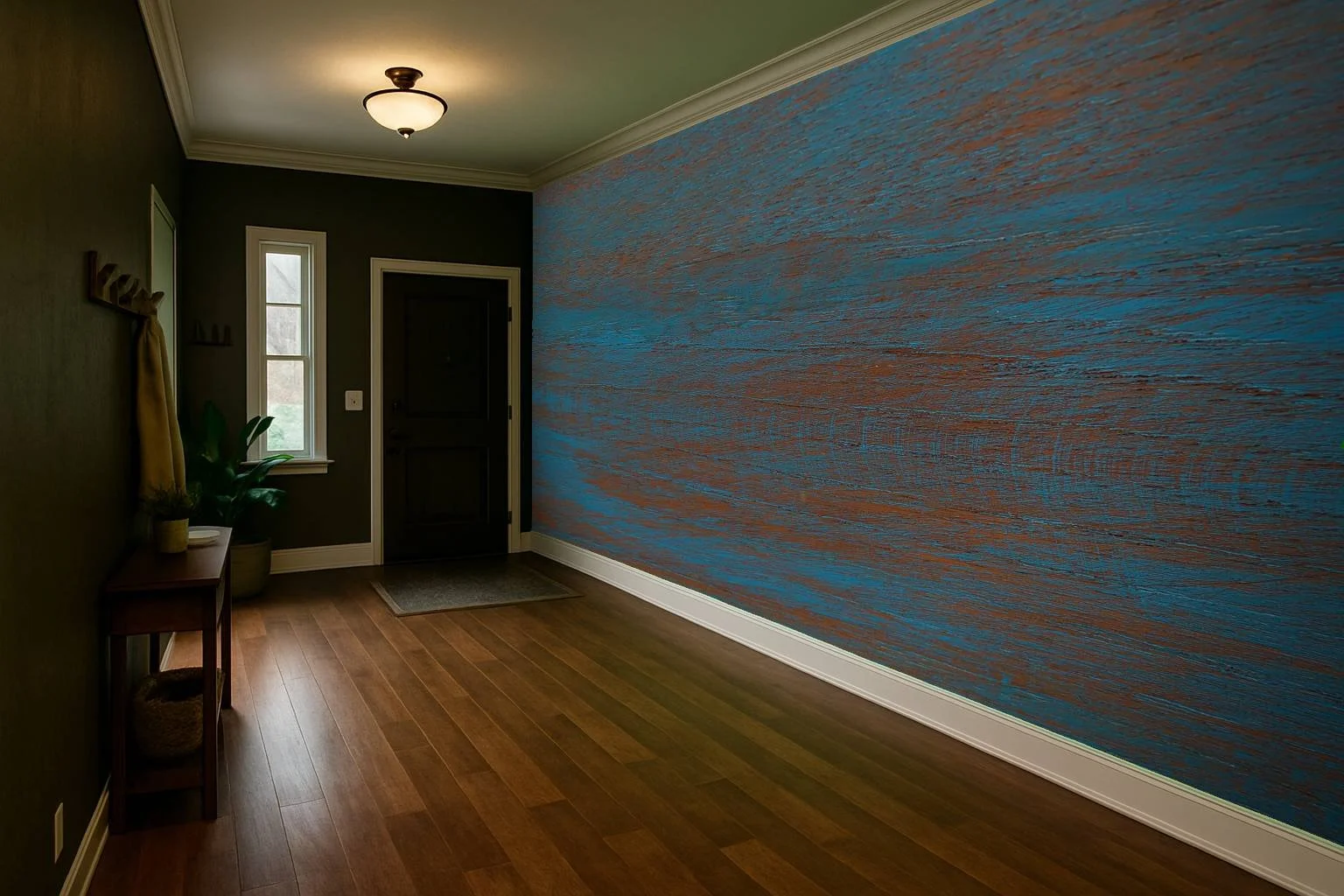 Textured blue hallway wallpaper wall mural with layered artistic surface guiding the corridor – Pop Papel textured seamless wallcovering for hallways