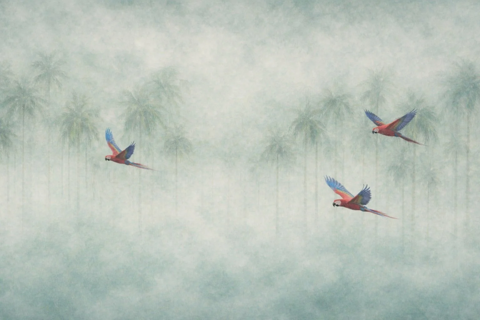 Three colorful parrots flying in a misty tropical forest with palm trees in the background.