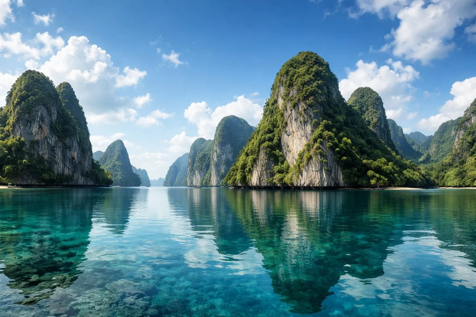 Tropical landscape with tall limestone islands covered in green foliage, reflected in calm turquoise water under a partly cloudy sky.