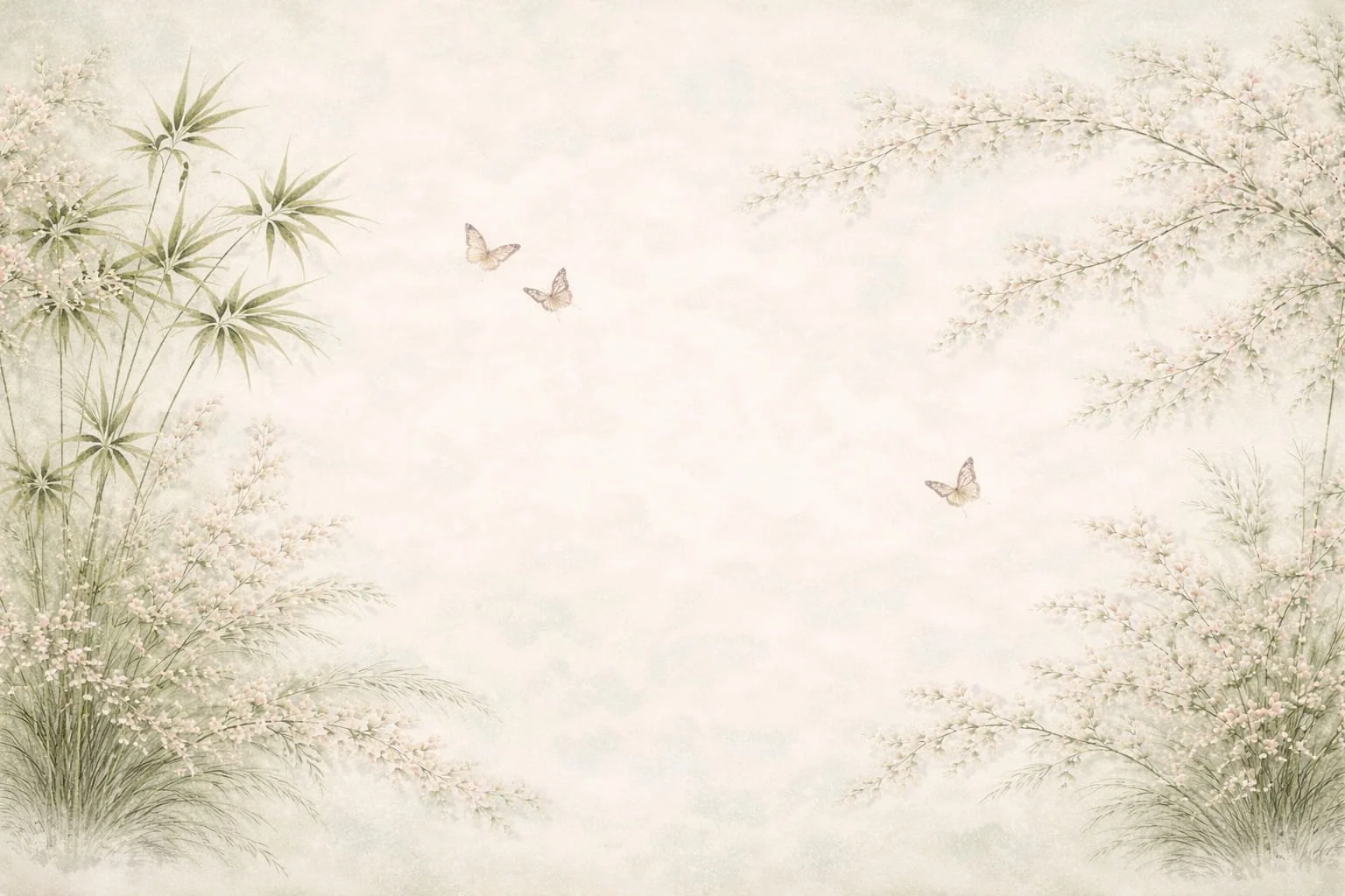 Soft pastel watercolor scene with flowering branches on the sides and butterflies in the sky.
