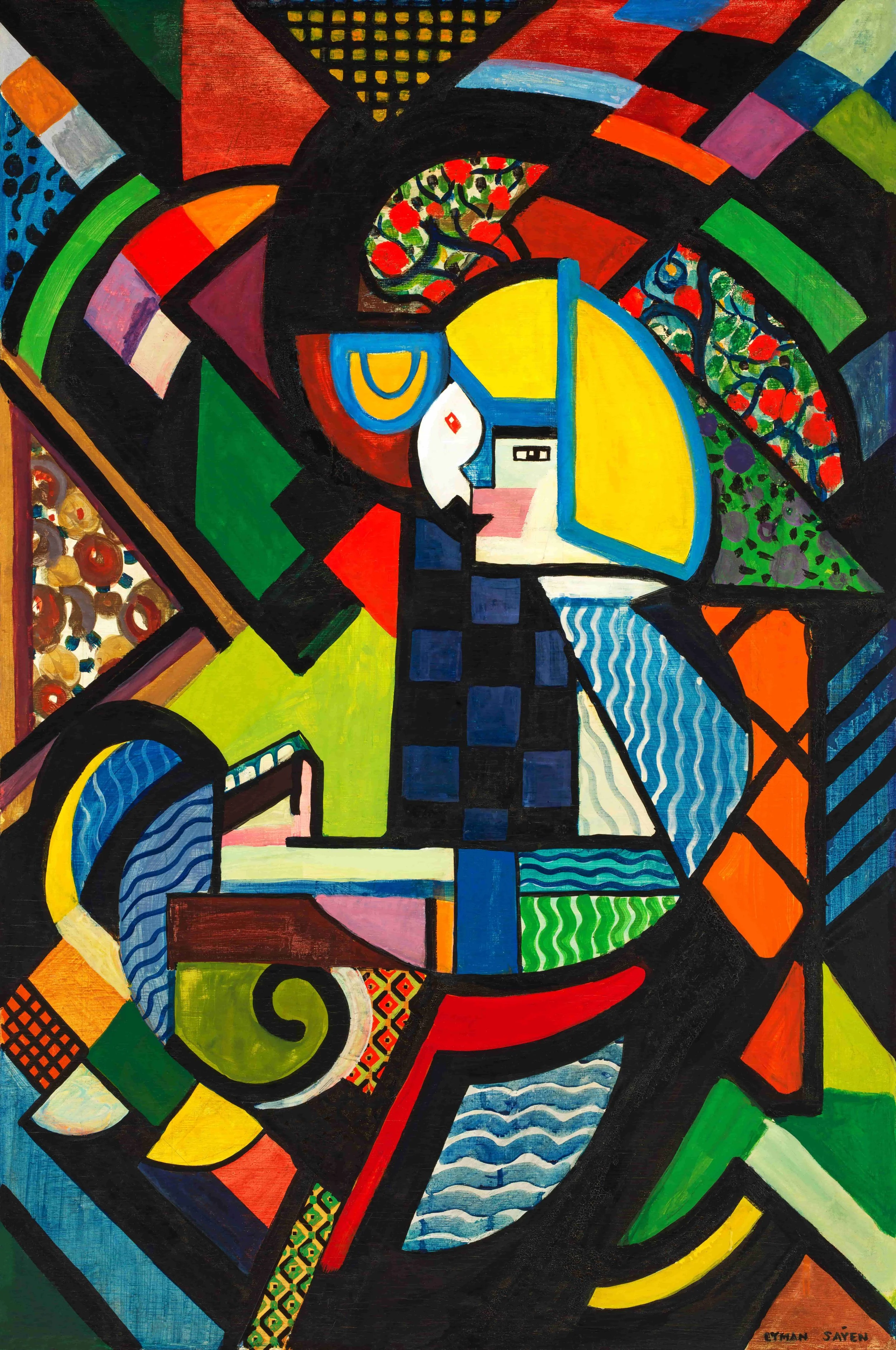 A colorful abstract painting featuring a cubist-style portrait of a woman with various geometric shapes and patterns in bright colors like yellow, blue, green, red, purple, and black.
