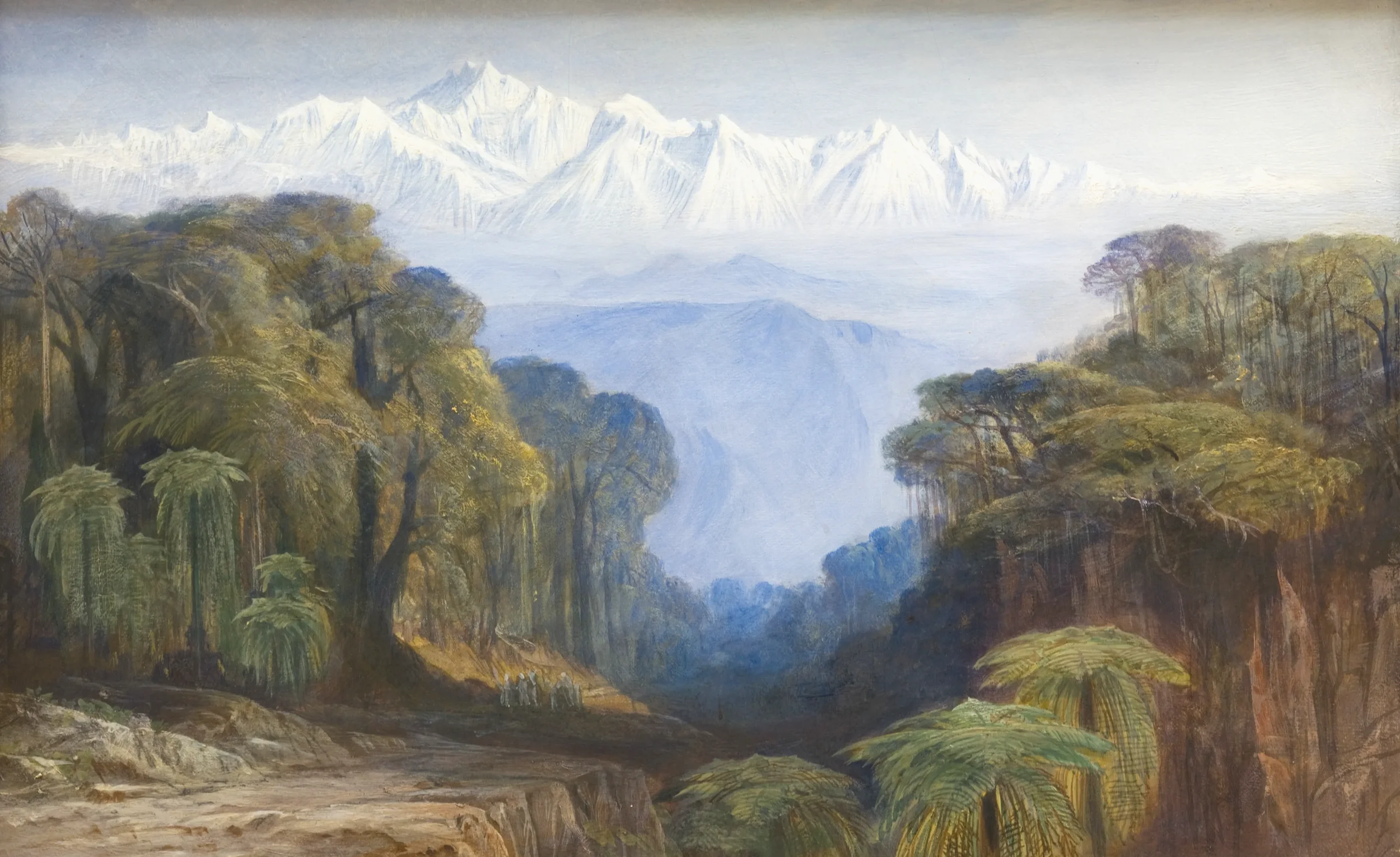 Landscape painting of a mountainous scene with snow-capped peaks in the background, lush green trees and foliage in the foreground, and a few small figures walking along a path.