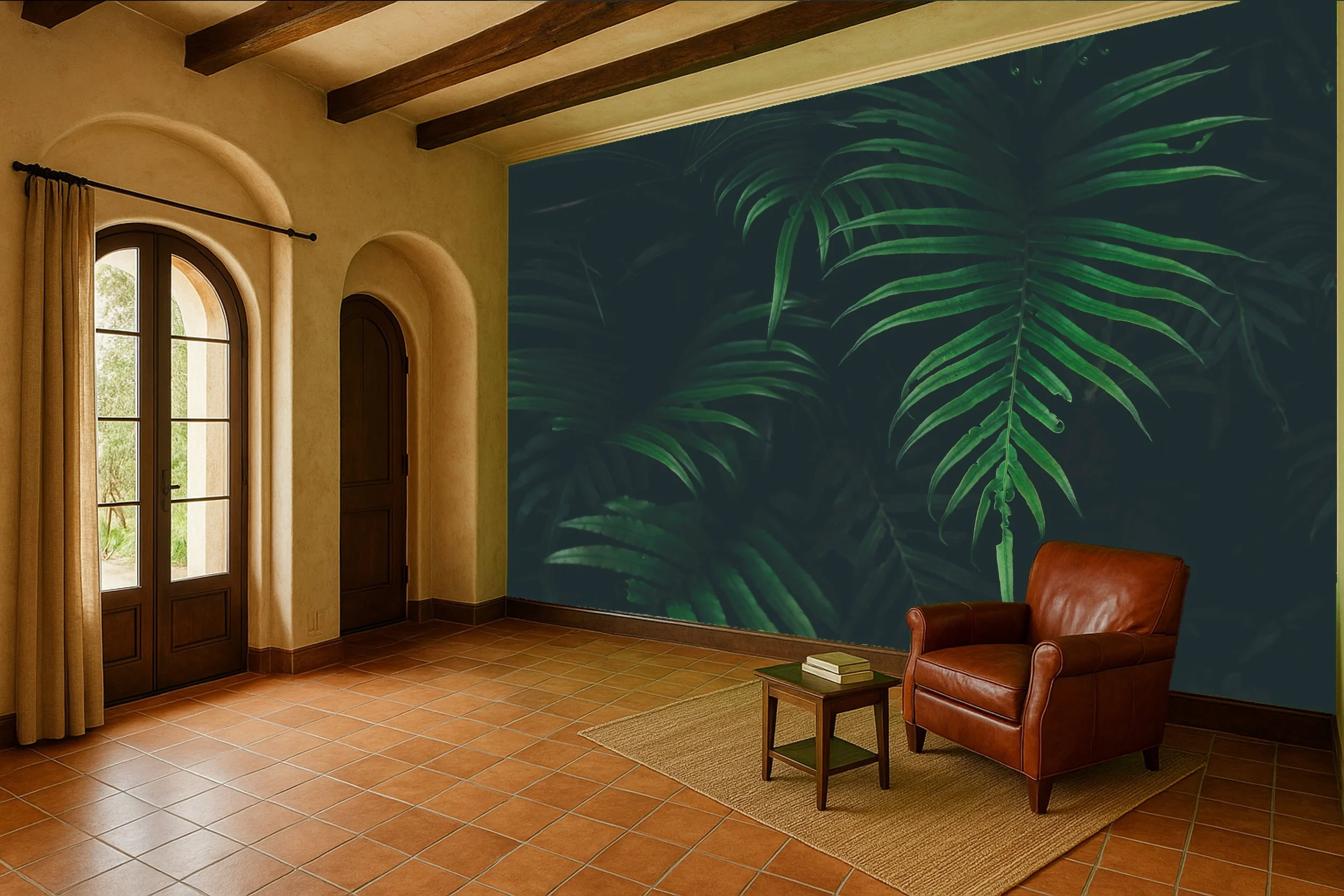 Botanical reading corner wallpaper wall mural with deep green leaves behind armchair – Pop Papel botanical seamless wallcovering for reading nooks