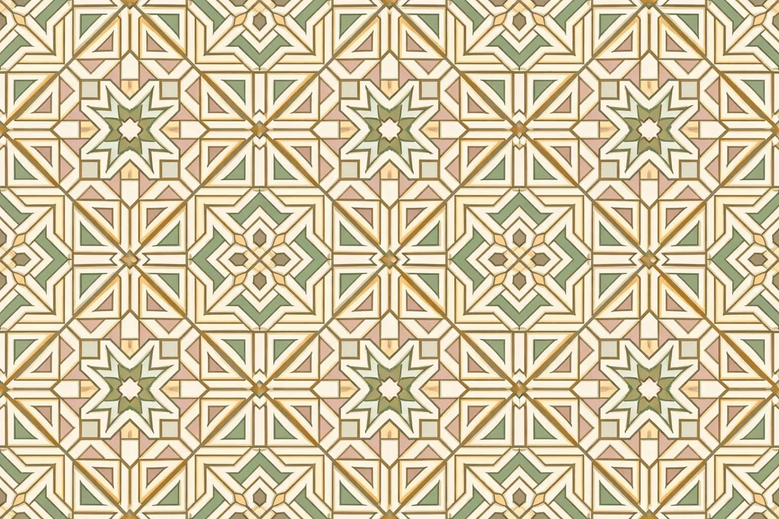 A pattern of geometric shapes with star and cross motifs in shades of cream, pink, green, and gold, arranged in a symmetrical repeating design.