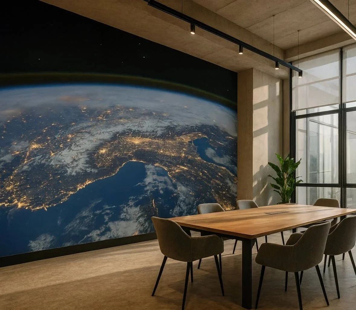 Papel pintado mural panorámico de vista satelital de la Tierra detrás de la mesa de reuniones en sala moderna, diseño espacial sin juntas Pop Papel para oficinas