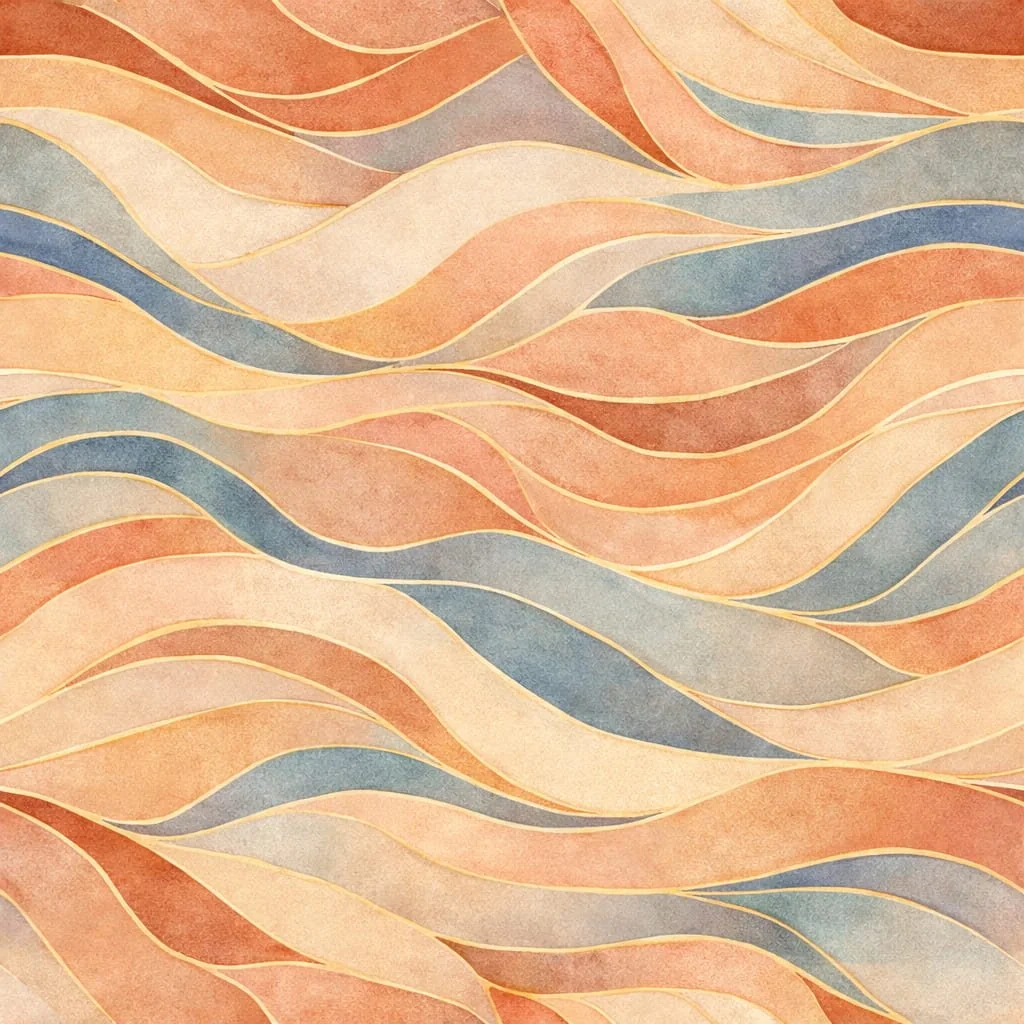 Abstract pattern of wavy stripes in shades of peach, coral, beige, blue, and gray with gold outlines.