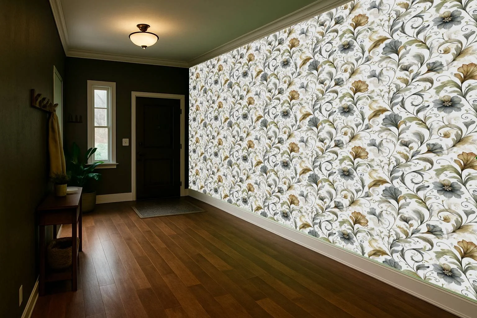 Classic floral hallway wallpaper wall mural with blue and cream motif along corridor wall – Pop Papel classic seamless wallcovering for hallways