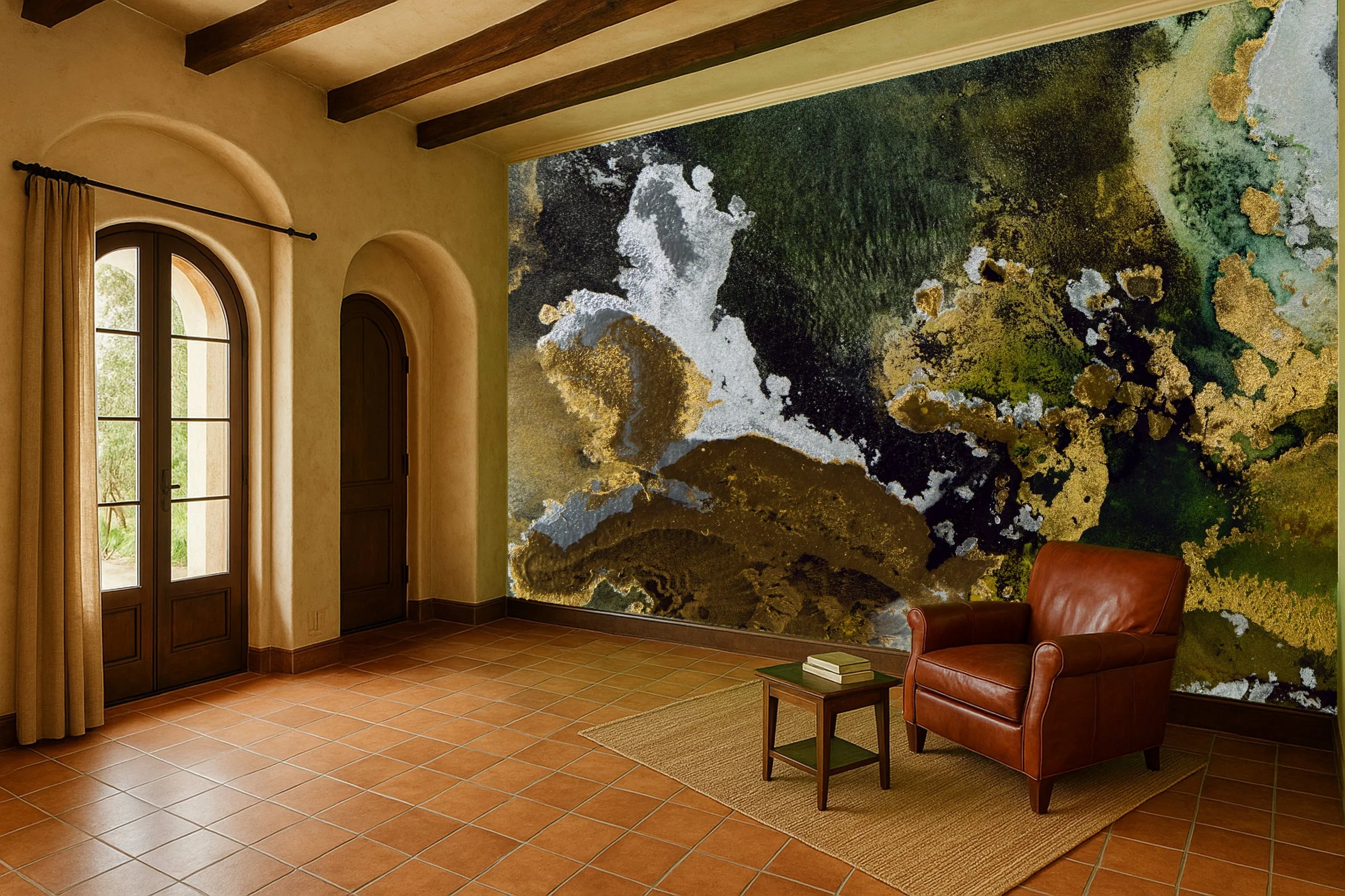 Abstract art reading corner wallpaper wall mural with expressive colour behind seat – Pop Papel art abstract seamless wallcovering for reading nooks