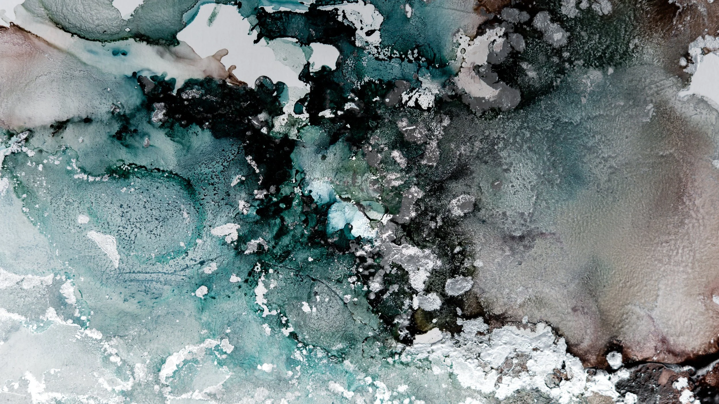 Abstract watercolor painting with shades of teal, black, gray, and hints of brown, featuring fluid textures and splattered patterns.