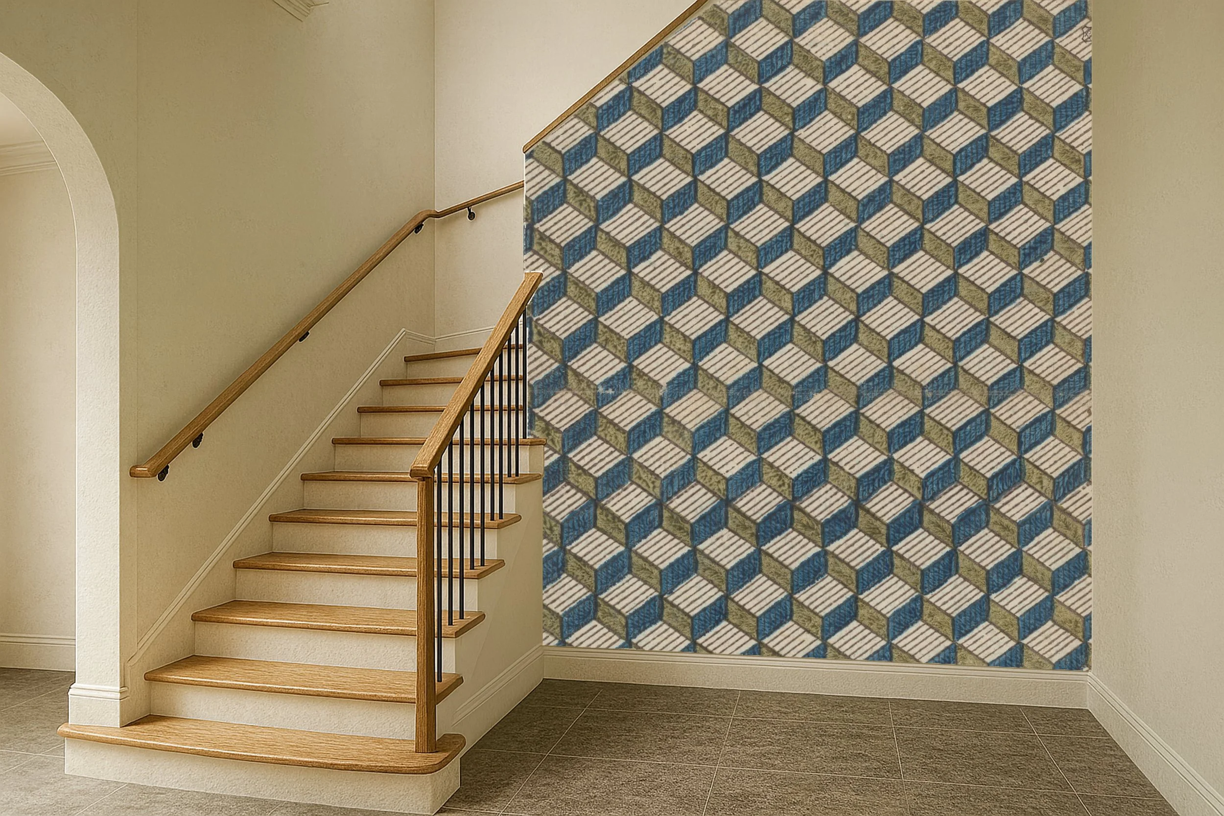 Interior view of a staircase with wooden steps, a handrail, and a decorative wall with a geometric blue, beige, and green pattern.