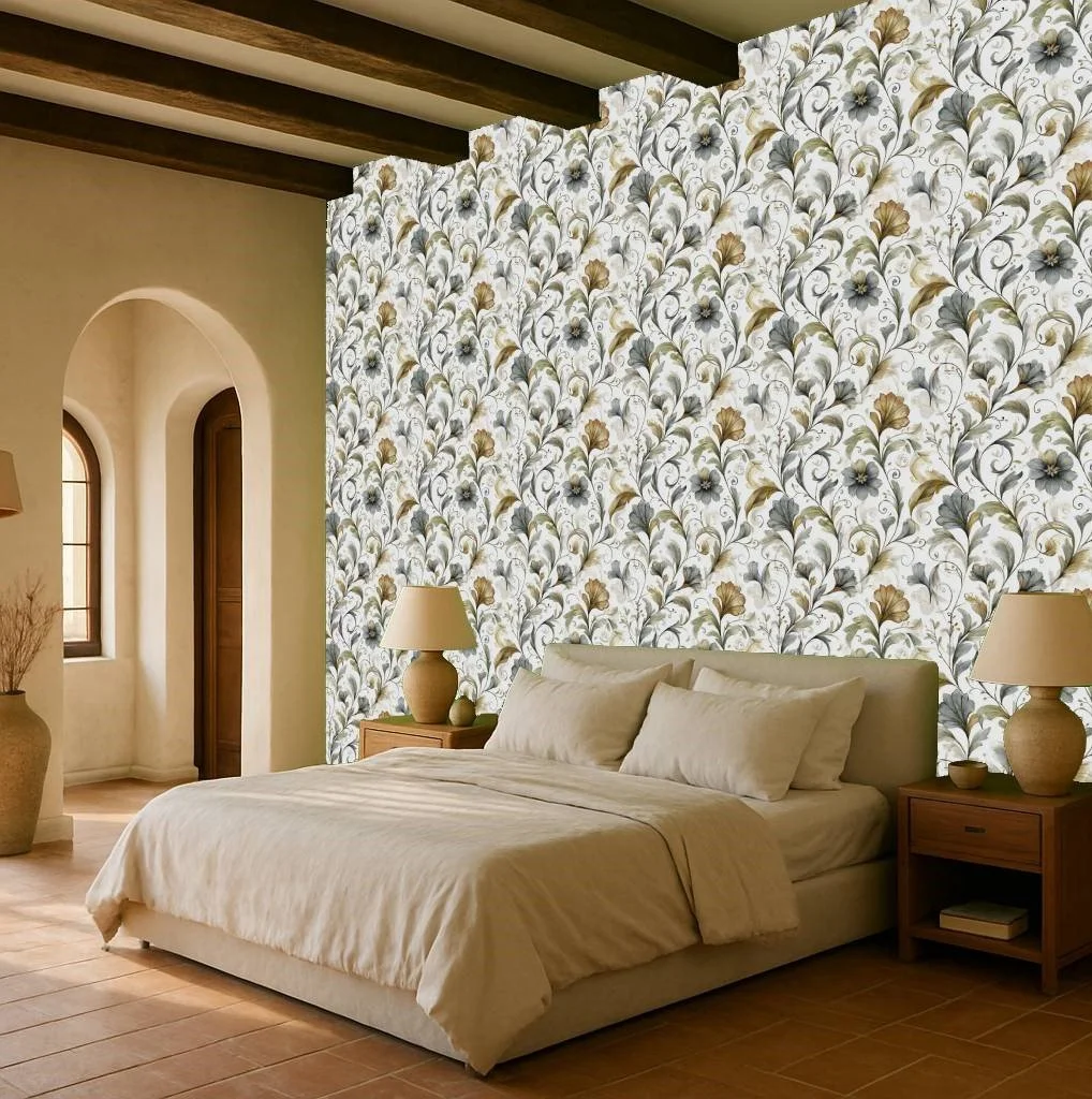 Classic floral bedroom wallpaper wall mural with blue and cream pattern behind bed and arched windows – Pop Papel classic seamless wallcovering for bedrooms