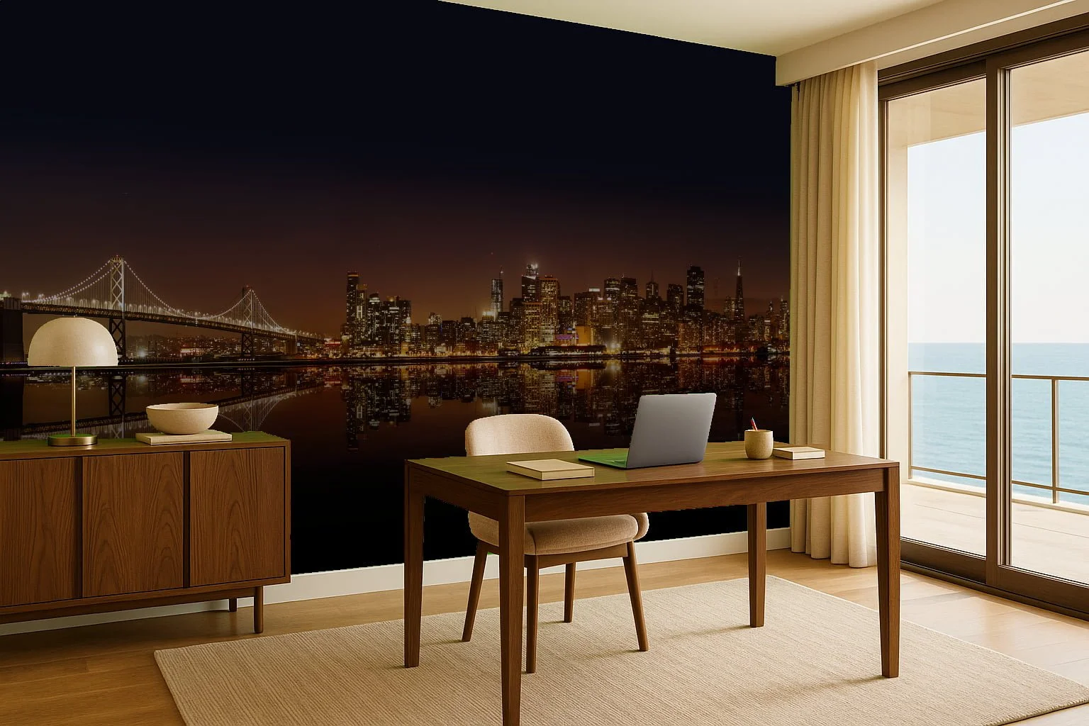 Interior of a home office with a view of a city skyline at night through large windows, featuring a wooden desk with a laptop, books, a cup, and a chair, alongside a wooden sideboard with a lamp and bowl.