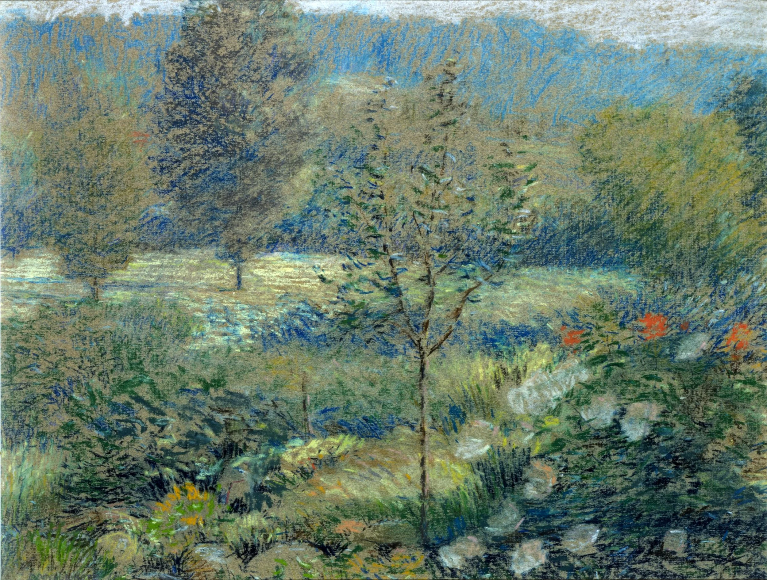 An impressionist painting of a landscape with a central young tree, other trees in the background, and a foreground filled with lush grass, plants, and flowers. The sky is partly cloudy with patches of blue.