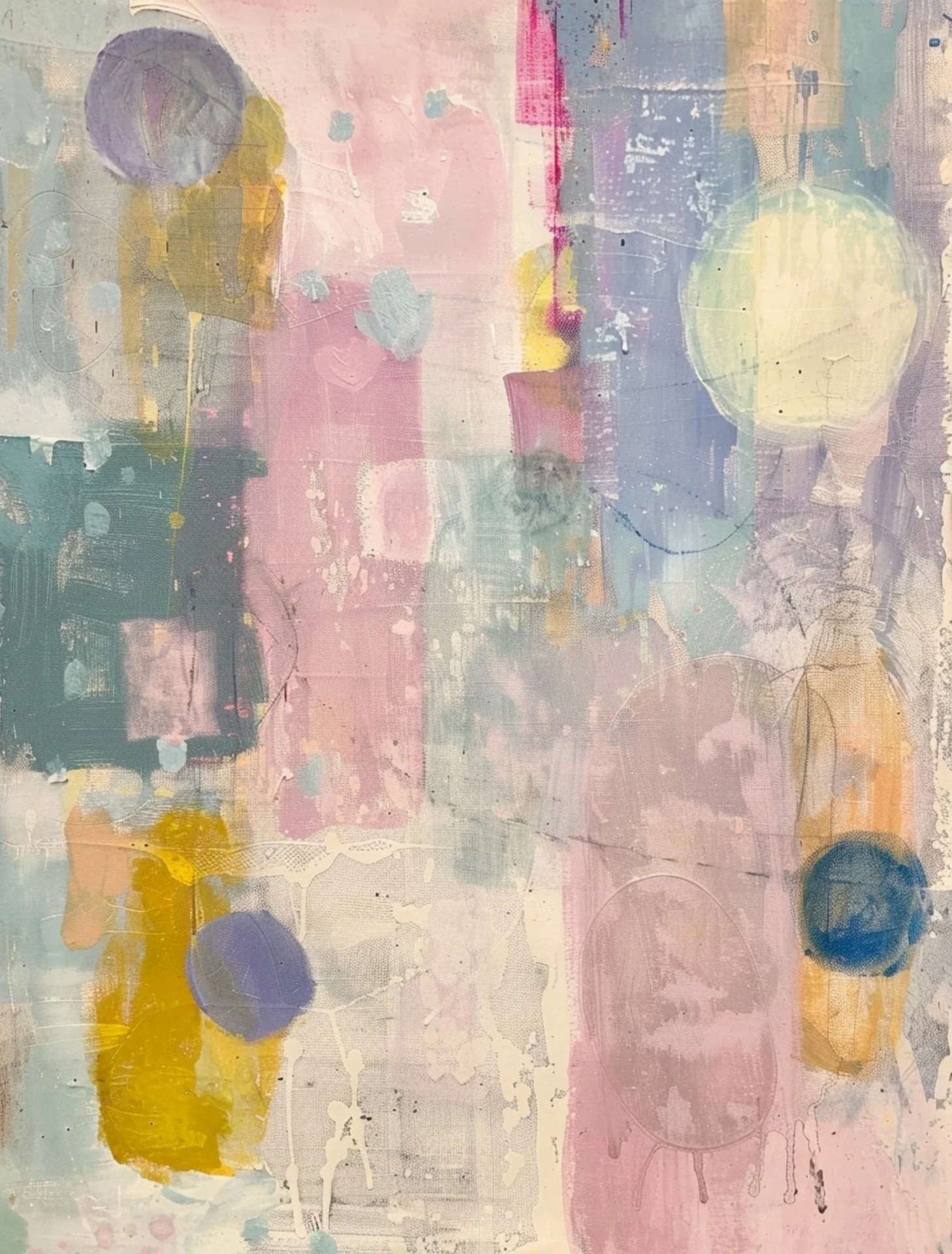 Abstract painting with pastel pink, blue, purple, and yellow colors, featuring circular and rectangular shapes with textured layers.