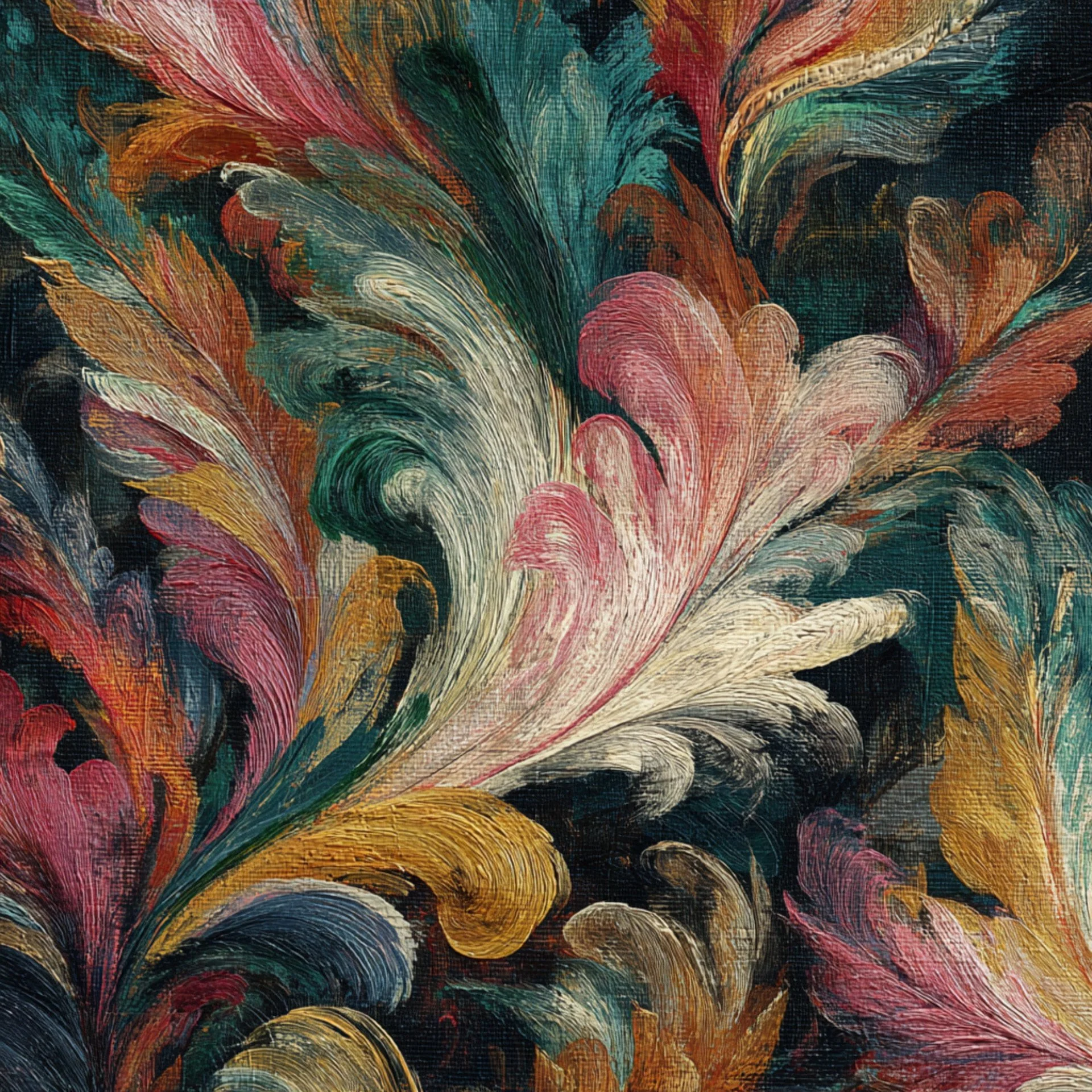 Close-up of a colorful abstract painting with swirling feather-like patterns in shades of pink, teal, gold, white, black, and red.