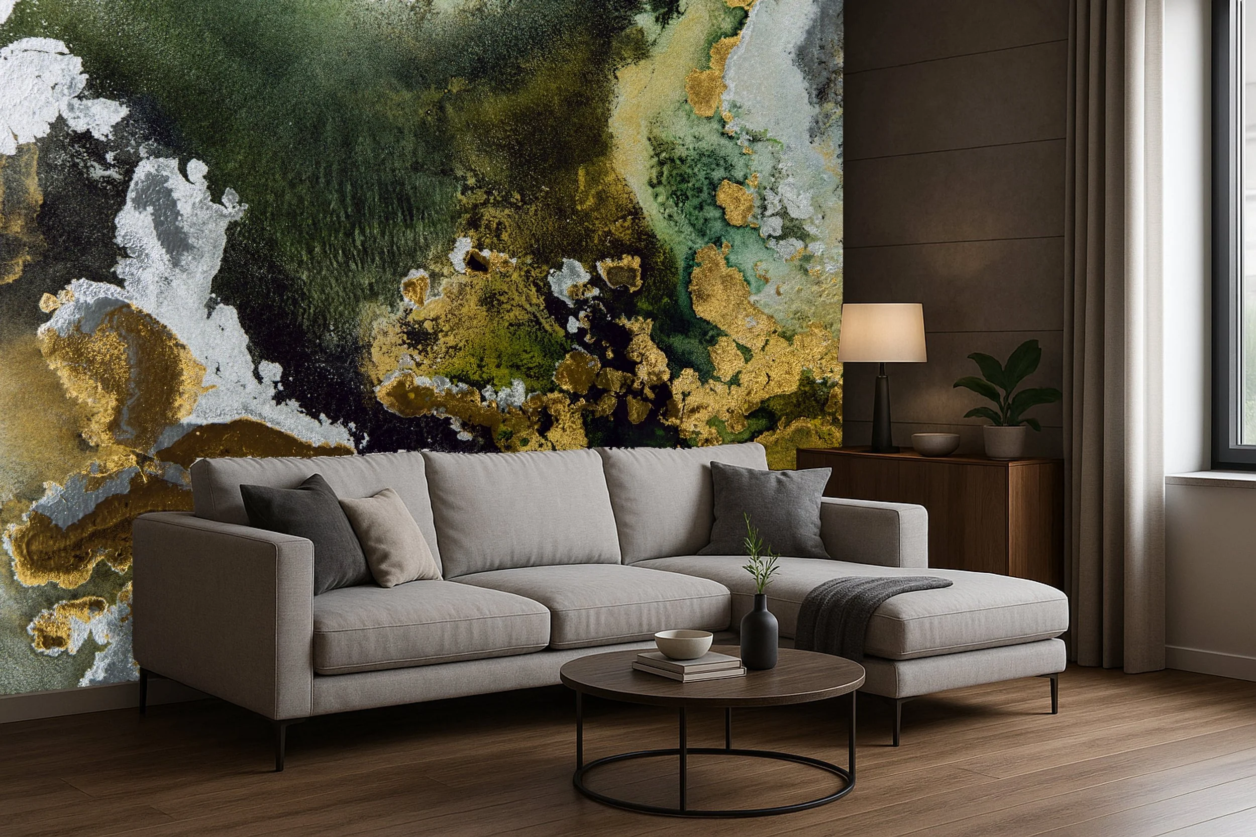 Living room with a beige sofa, dark pillows, small round coffee table with a vase and books, abstract wall art, side table with a lamp and potted plant, wooden flooring, and window with curtains.