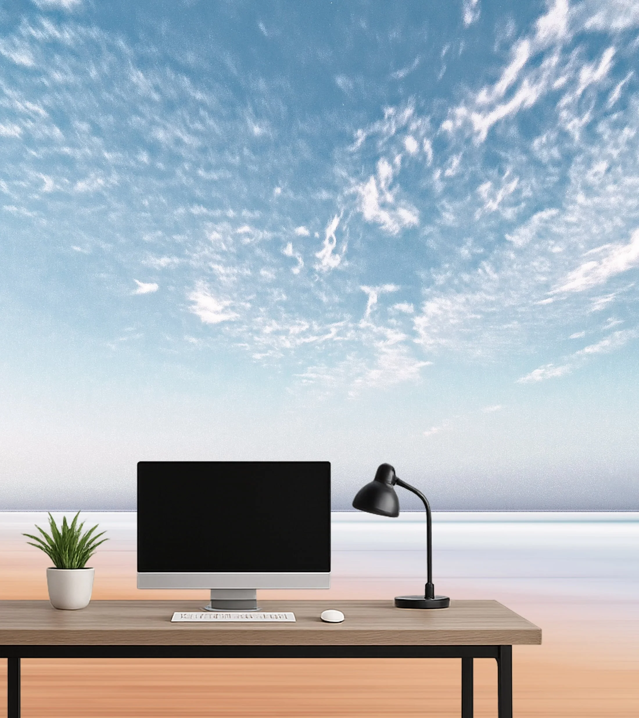 Ocean horizon wall mural wallpaper behind minimalist desk with computer and lamp – Pop Papel panoramic seascape seamless wallcovering