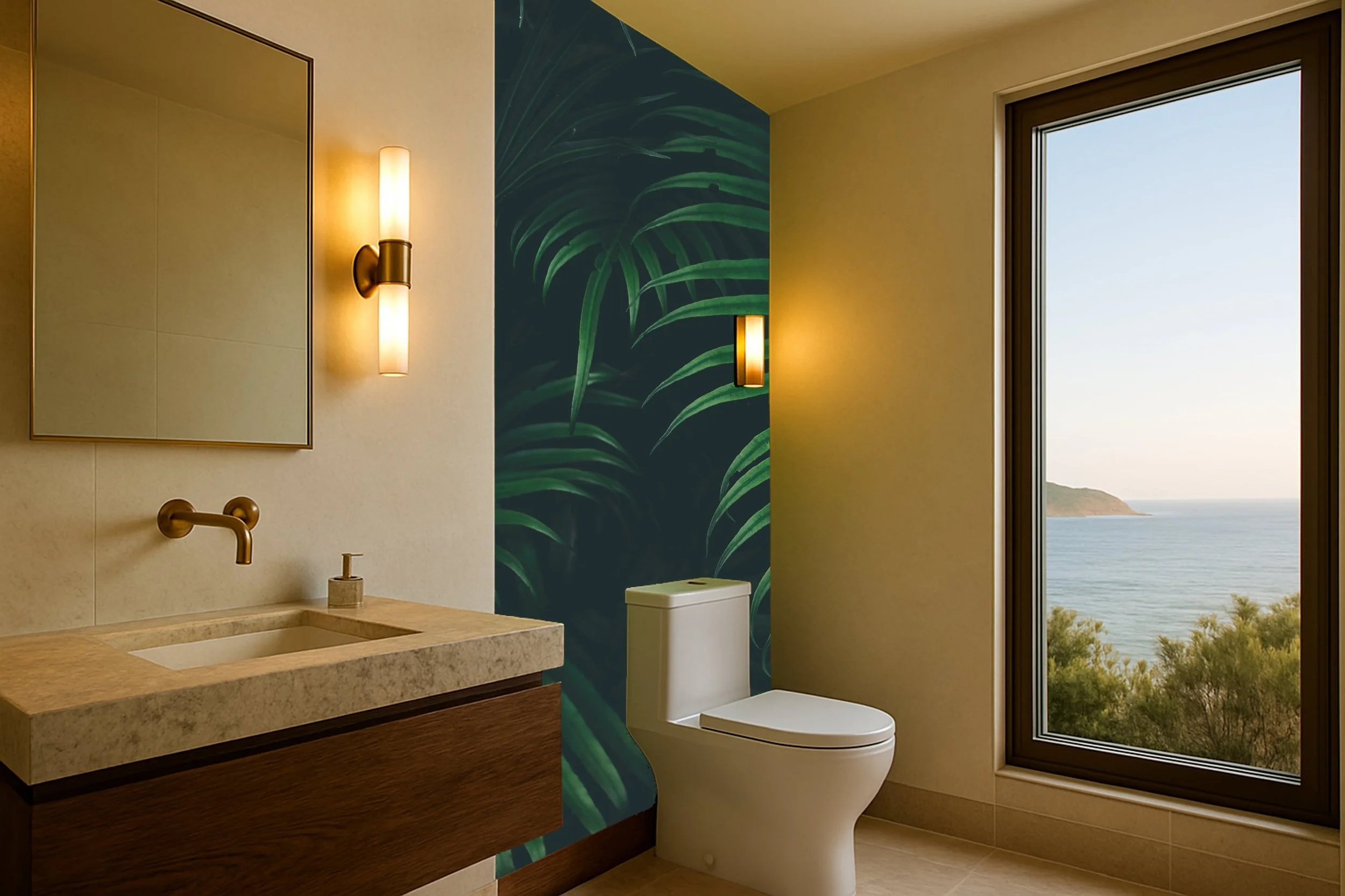 Bathroom with a large window overlooking the ocean, a wall with tropical leaf mural, modern sink and mirror, and stylish lighting fixtures.