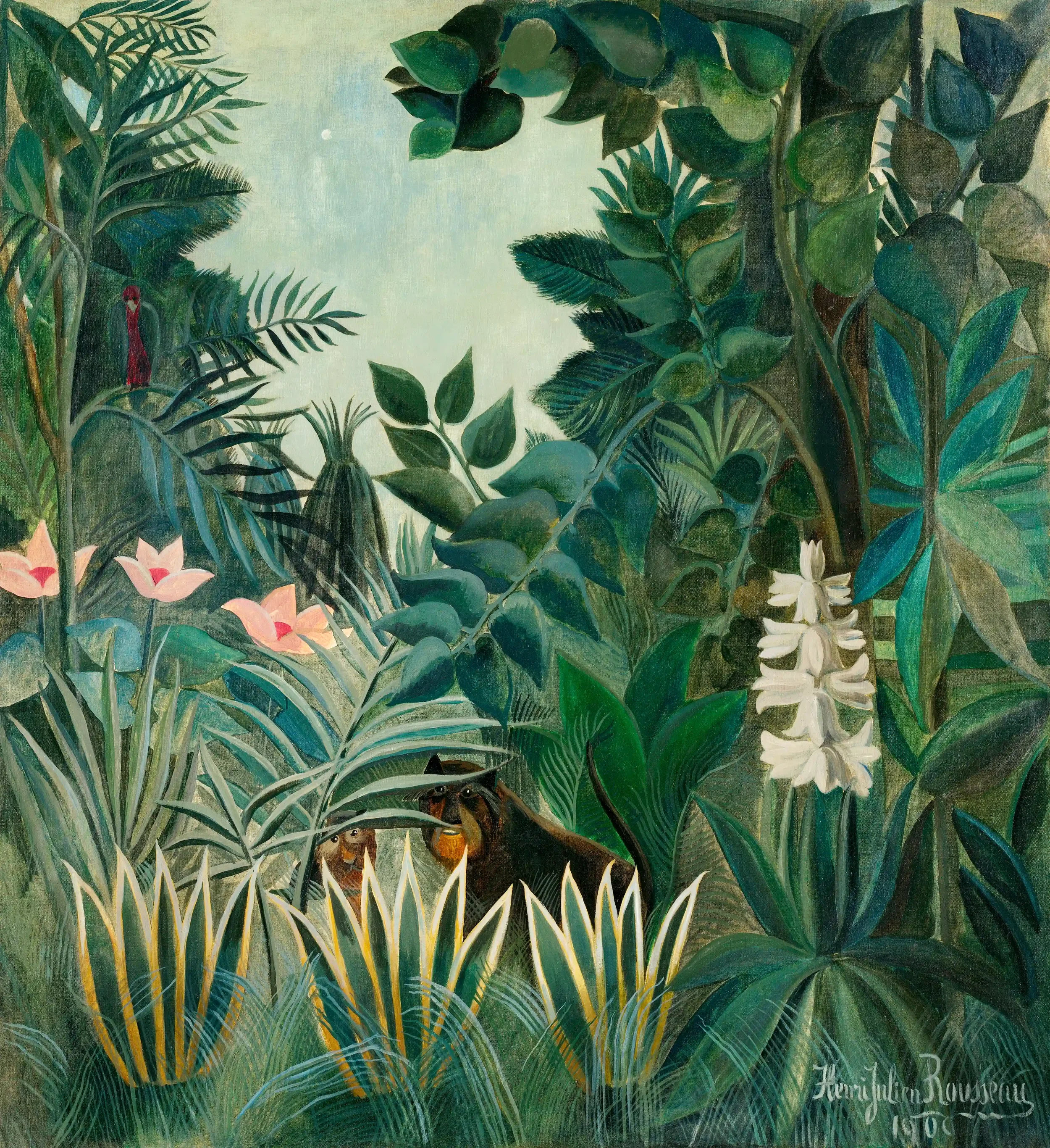 Lush rainforest scene with various green plants, pink water lilies, white flowering plant, pink bird, and a monkey wearing a hat among foliage.
