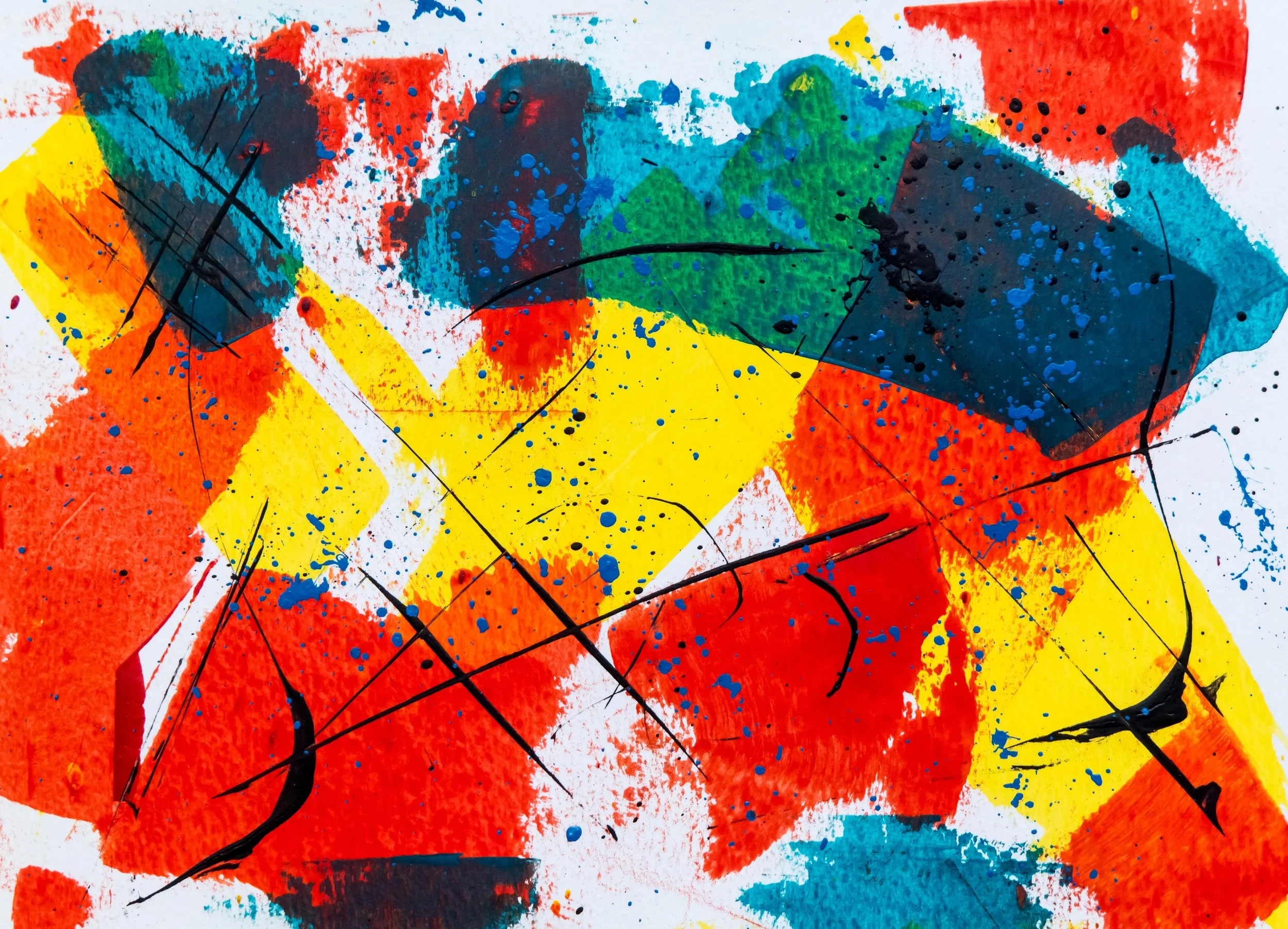 Abstract colorful splash painting with red, yellow, blue, green, black, and white paint splatters and streaks.