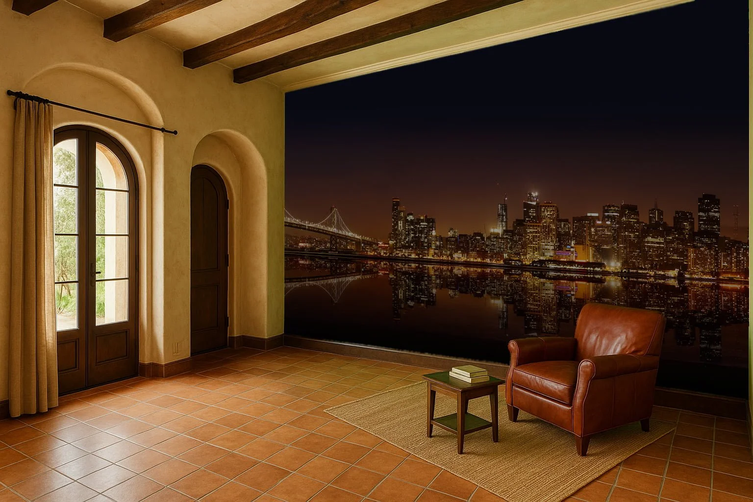 Panoramic reading corner wallpaper wall mural with distant view beside chair – Pop Papel panoramic seamless wallcovering for reading nooks