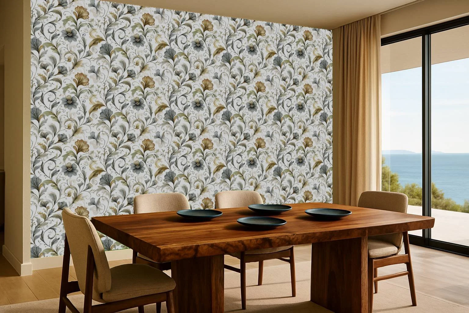 Classic floral dining room wallpaper wall mural with blue and cream motif behind dining table overlooking the sea – Pop Papel classic seamless wallcovering for dining rooms