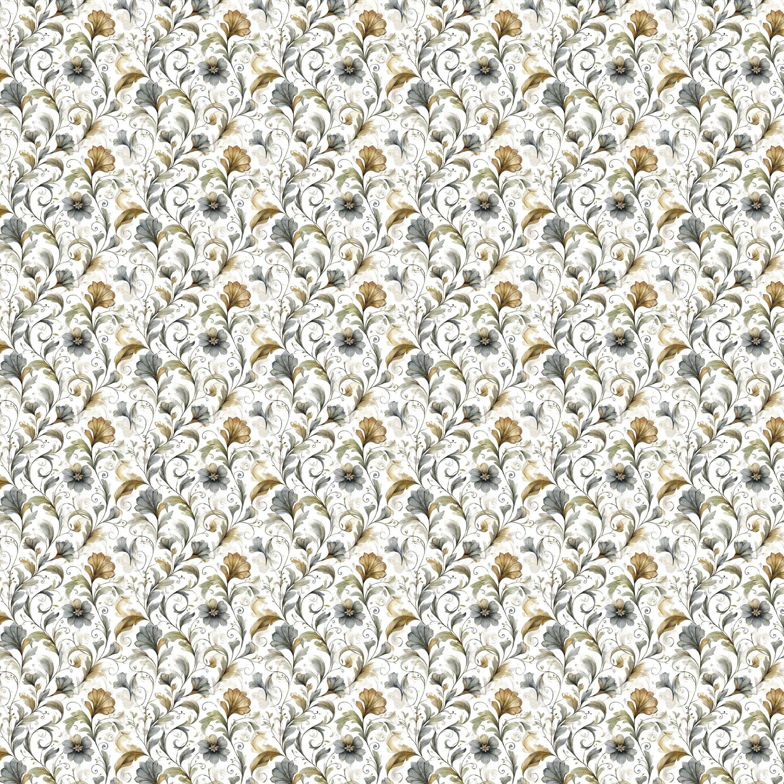 A floral pattern featuring beige, gray, and white flowers with green and gold leaves on a white background.