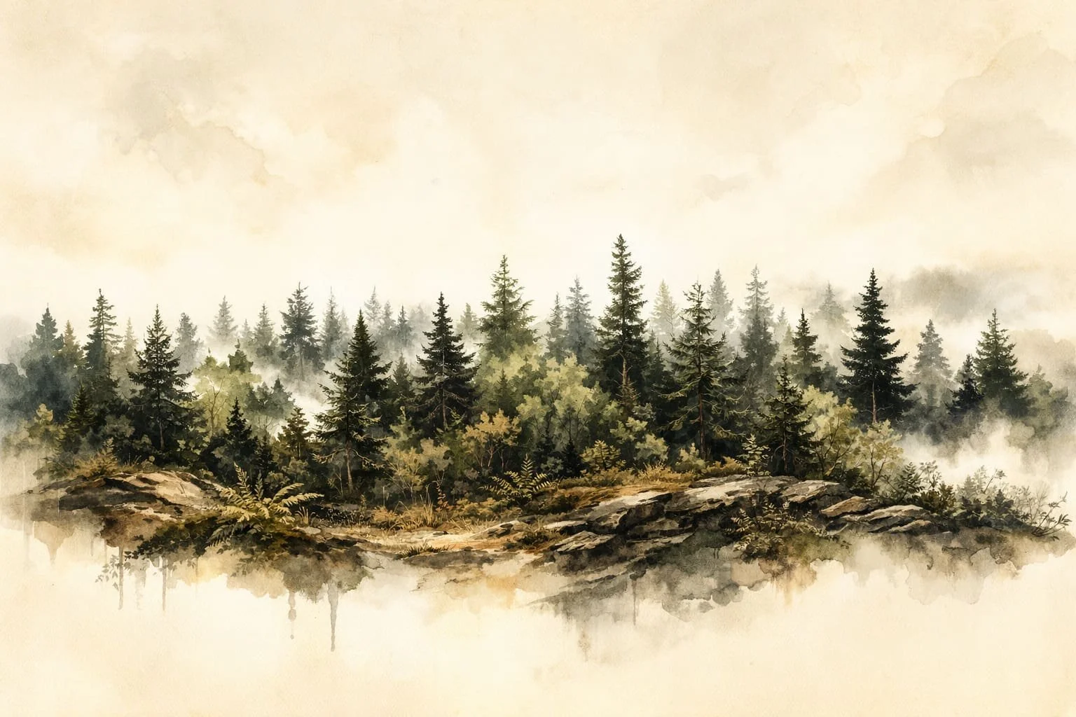 A watercolor painting of a forest with tall pine trees, rocks, and mist, reflected on a body of water.