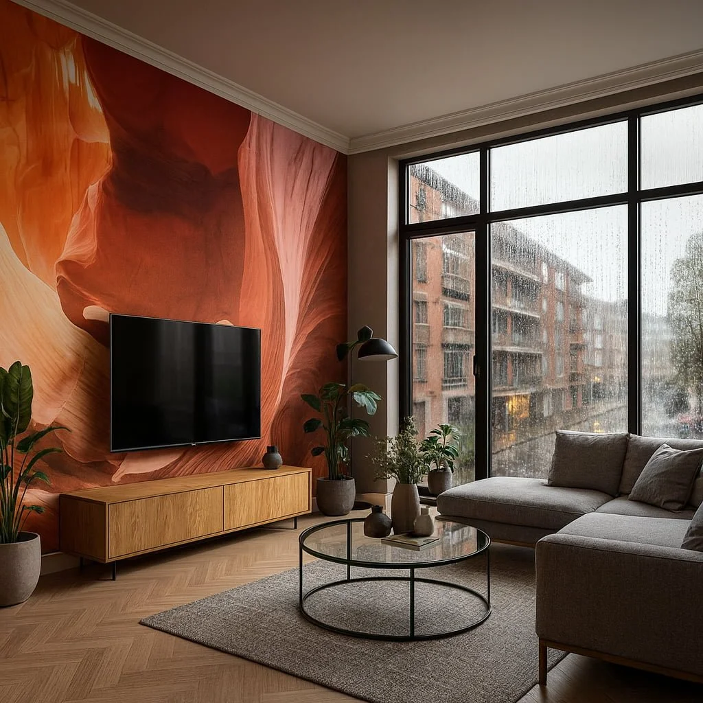 Papel pintado mural de cañón rocoso naranja detrás del sofá y la televisión en salón contemporáneo, diseño de paisaje natural sin juntas Pop Papel