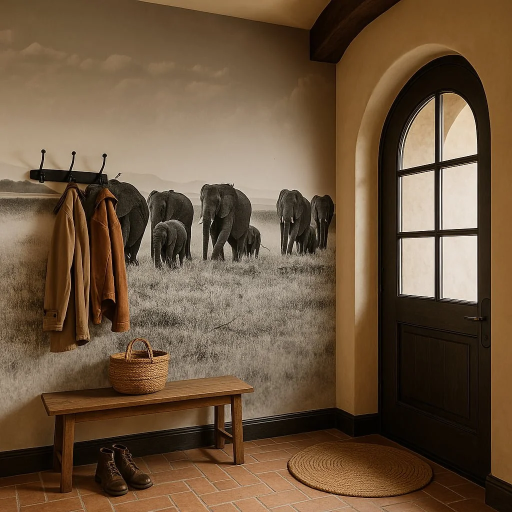 Papel pintado mural de manada de elefantes en tonos sepia en recibidor cálido, diseño sin juntas Pop Papel de paisaje natural para entradas