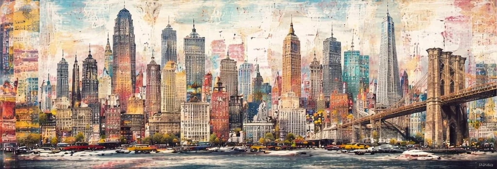 A colorful, abstract painting of the New York City skyline featuring iconic skyscrapers and the Brooklyn Bridge.