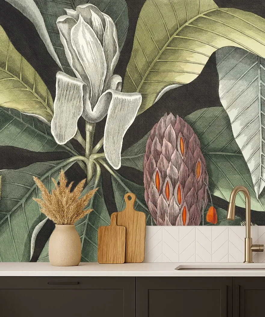 Tropical botanical kitchen wallpaper wall mural with oversized banana leaves and fruit above counter – Pop Papel seamless botanical wallcovering