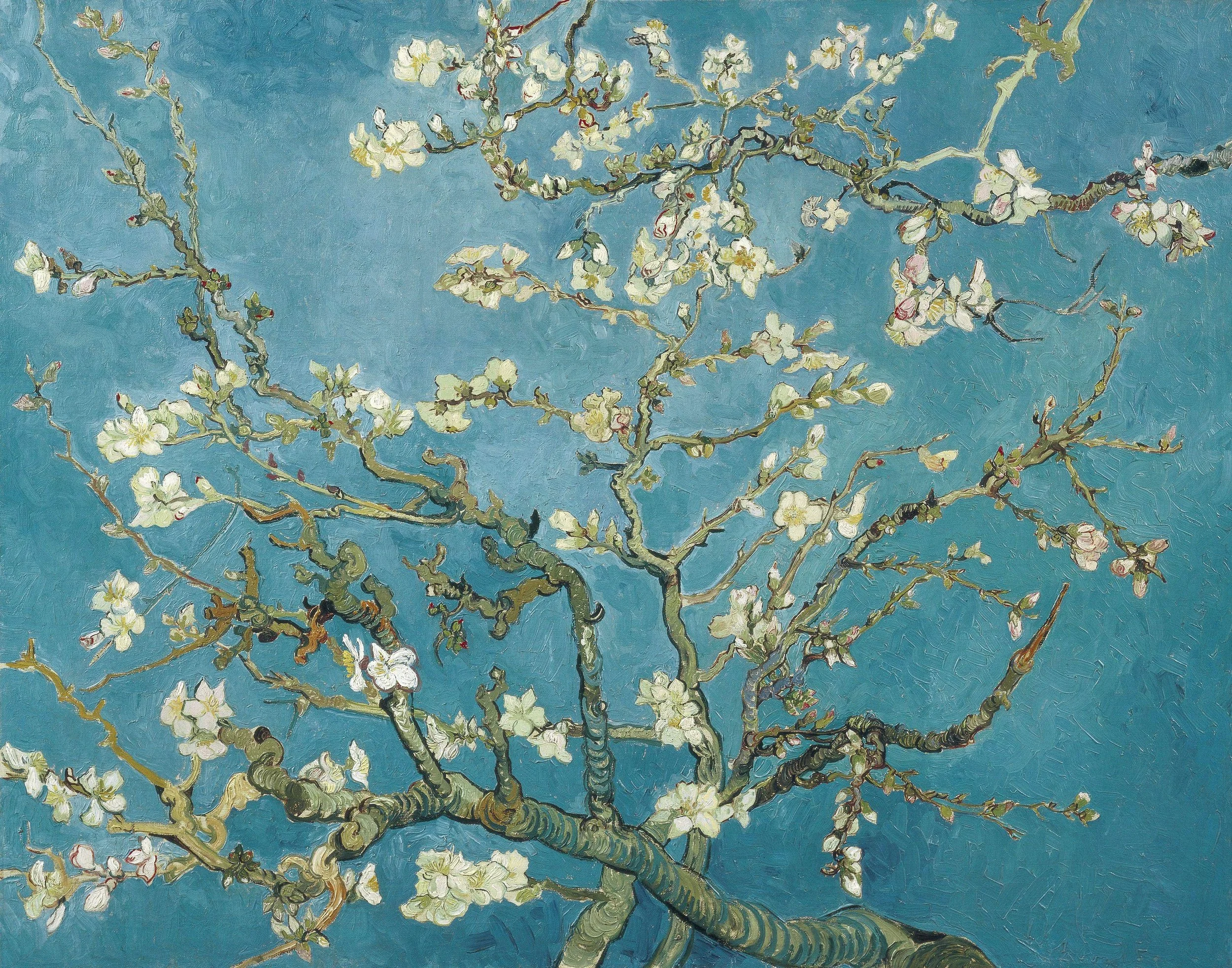 A painting of a tree with white blossoms against a blue background.