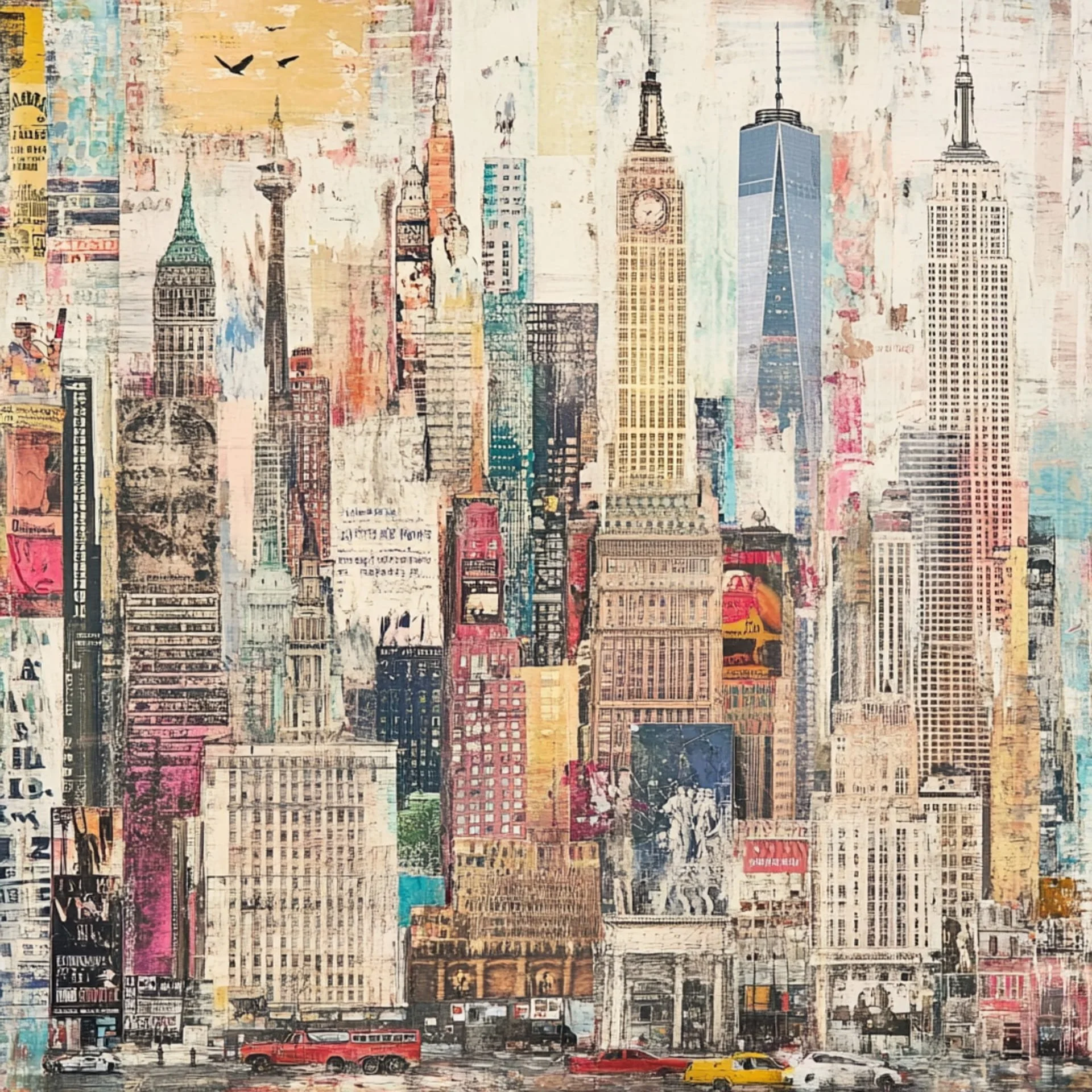 Colorful abstract painting of a city skyline featuring tall buildings, billboards, and a street with buses and taxis.