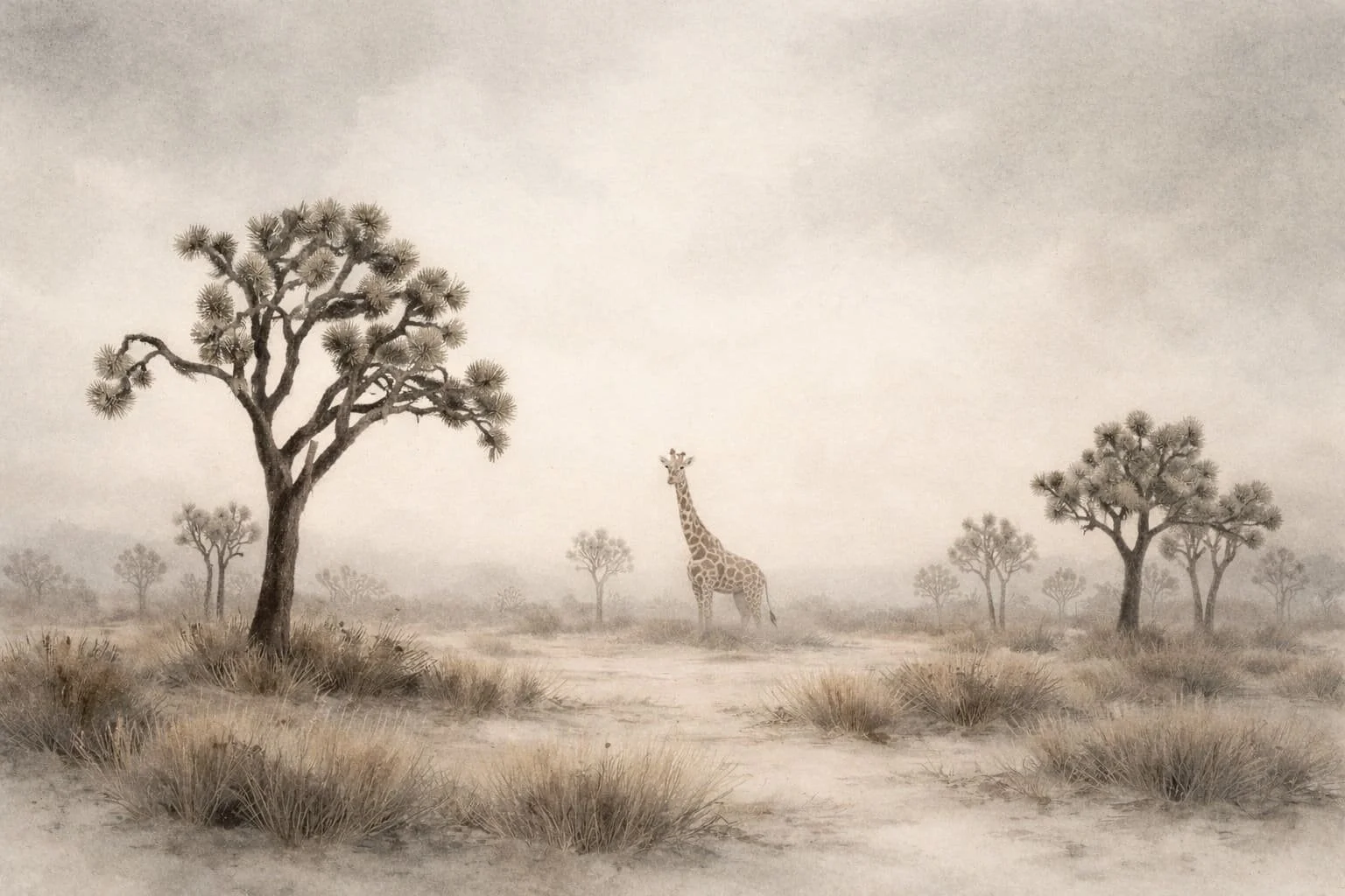 A desert landscape with sparse grass, a few scattered trees, and a giraffe standing in the distance.