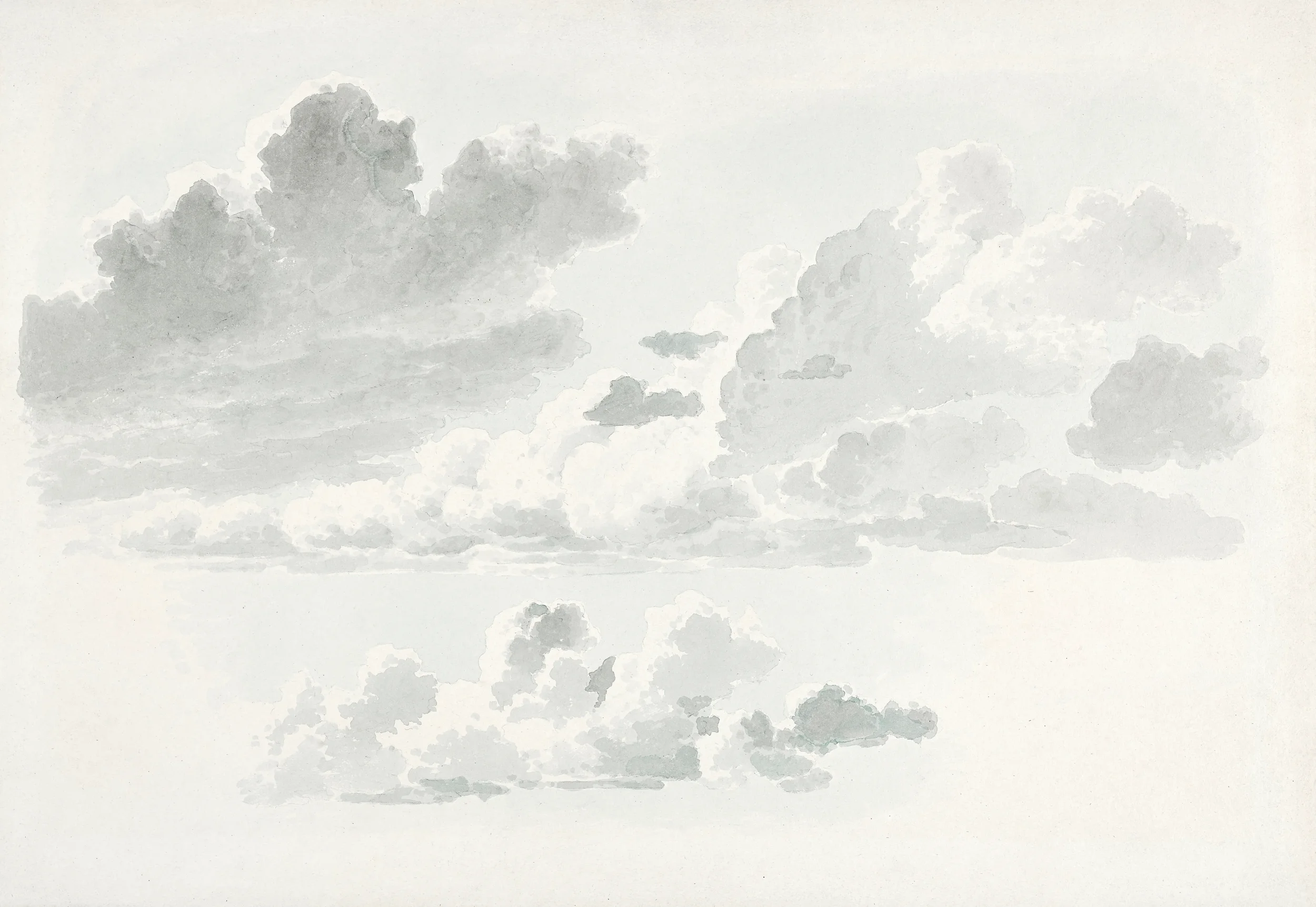 A watercolor painting of a cloudy sky with various shades of gray clouds resting above a light background.