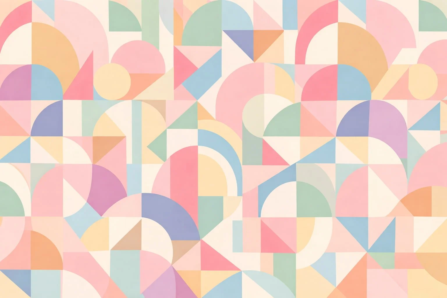 Abstract geometric pattern with pastel-colored shapes including circles, triangles, squares, and semi-circles.