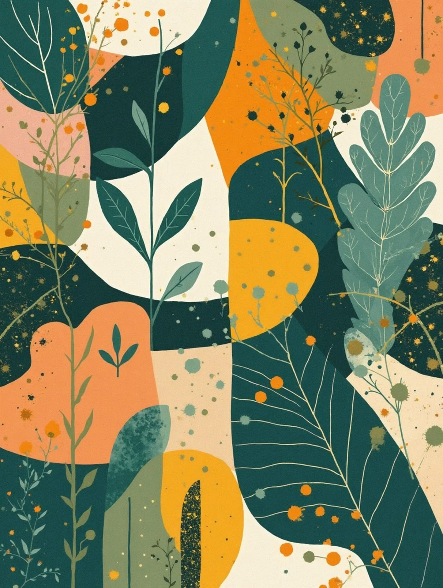 Abstract botanical illustration with various leaves, branches, and splashes of orange, green, white, and black colors.
