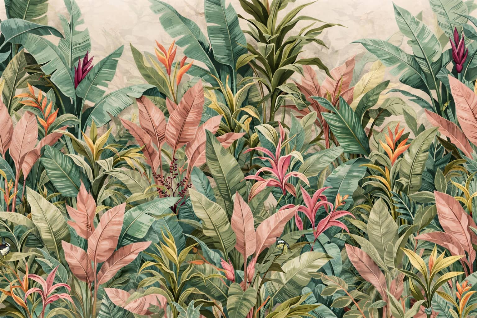 Colorful botanical illustration of various tropical plants and leaves, including pink, green, and orange foliage, with bees flying among the plants.