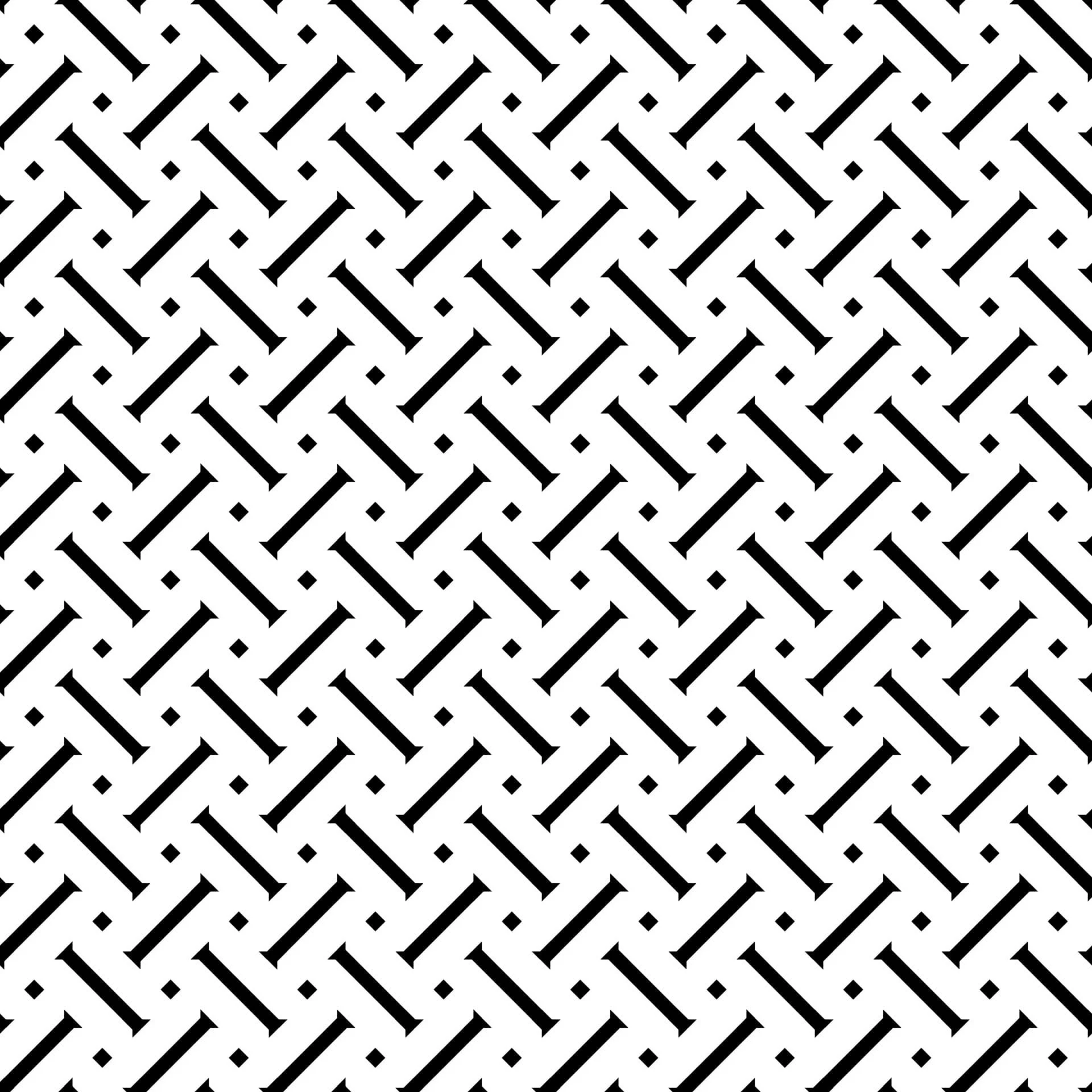 A black and white geometric pattern with diagonal lines and small squares arranged in a repeating grid.