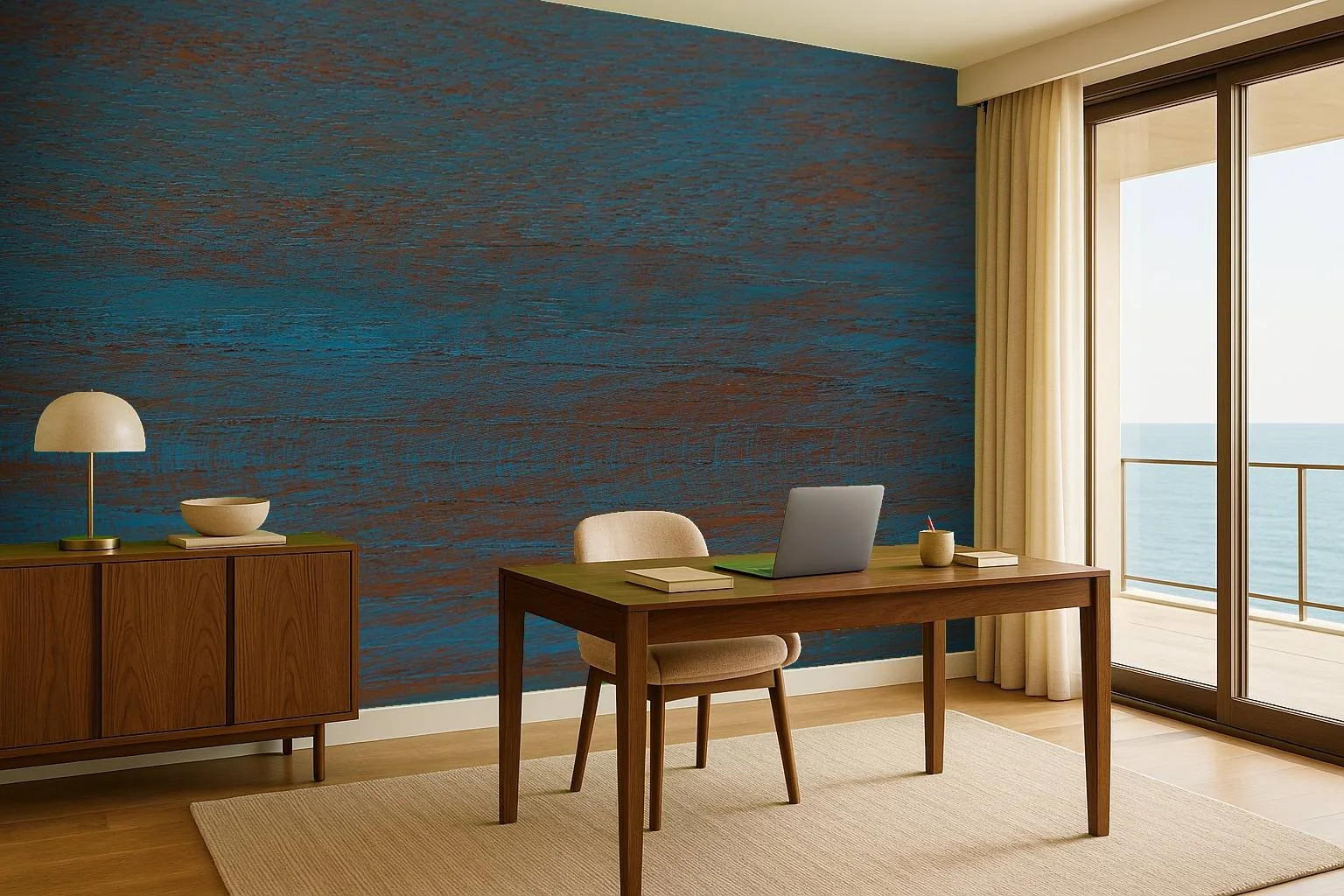 Textured blue home office wallpaper wall mural with layered artistic surface behind desk in coastal workspace – Pop Papel textured seamless wallcovering for home offices