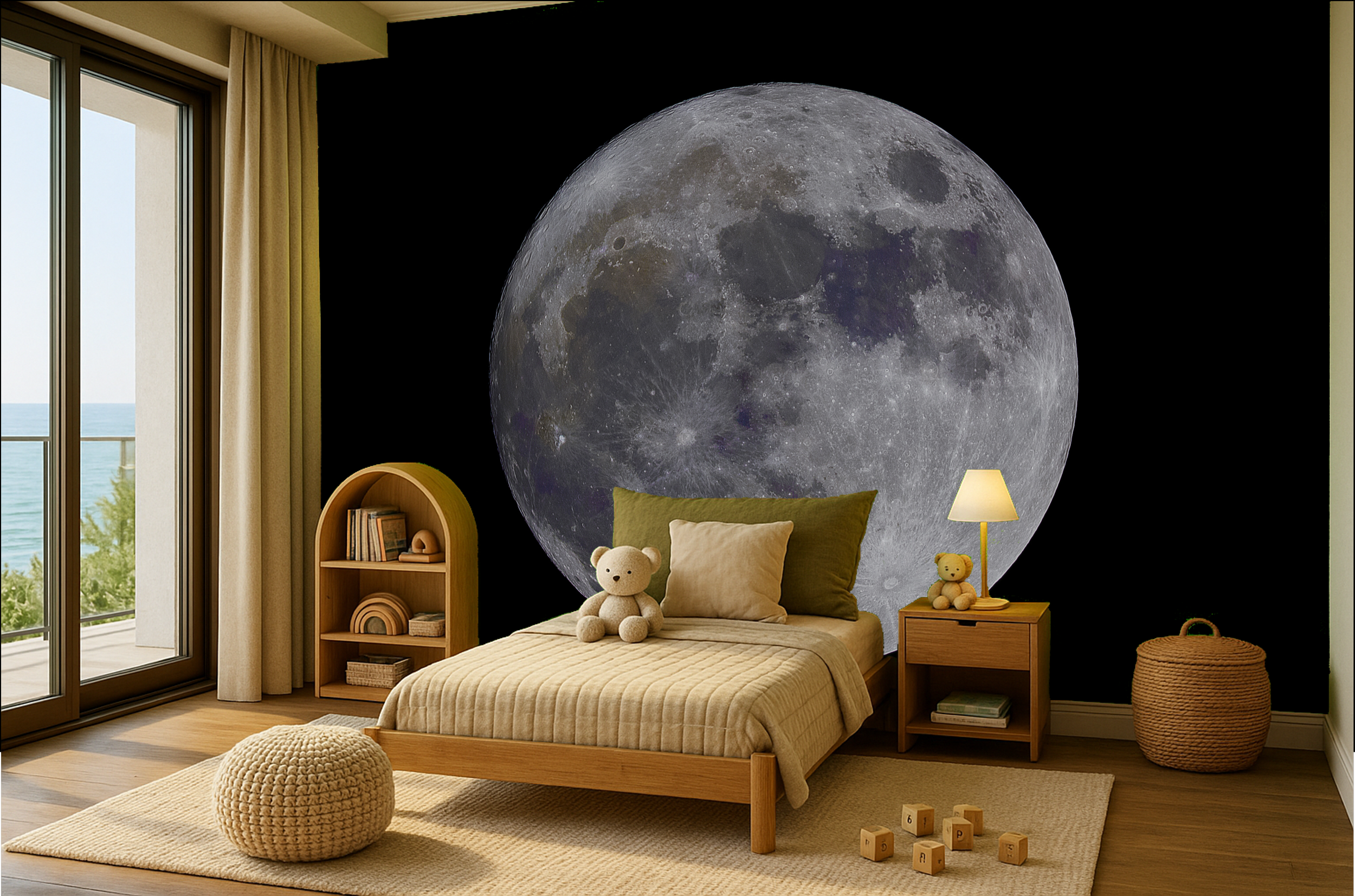 A cozy children's bedroom with a moon mural on the wall behind the bed, which has a cream blanket and two pillows. Stuffed animals are on the bed and beside a nightstand with a lamp. The room features a large window with a view of trees and water, a woven basket, a round knitted pouf, and wooden toy blocks on a beige rug.
