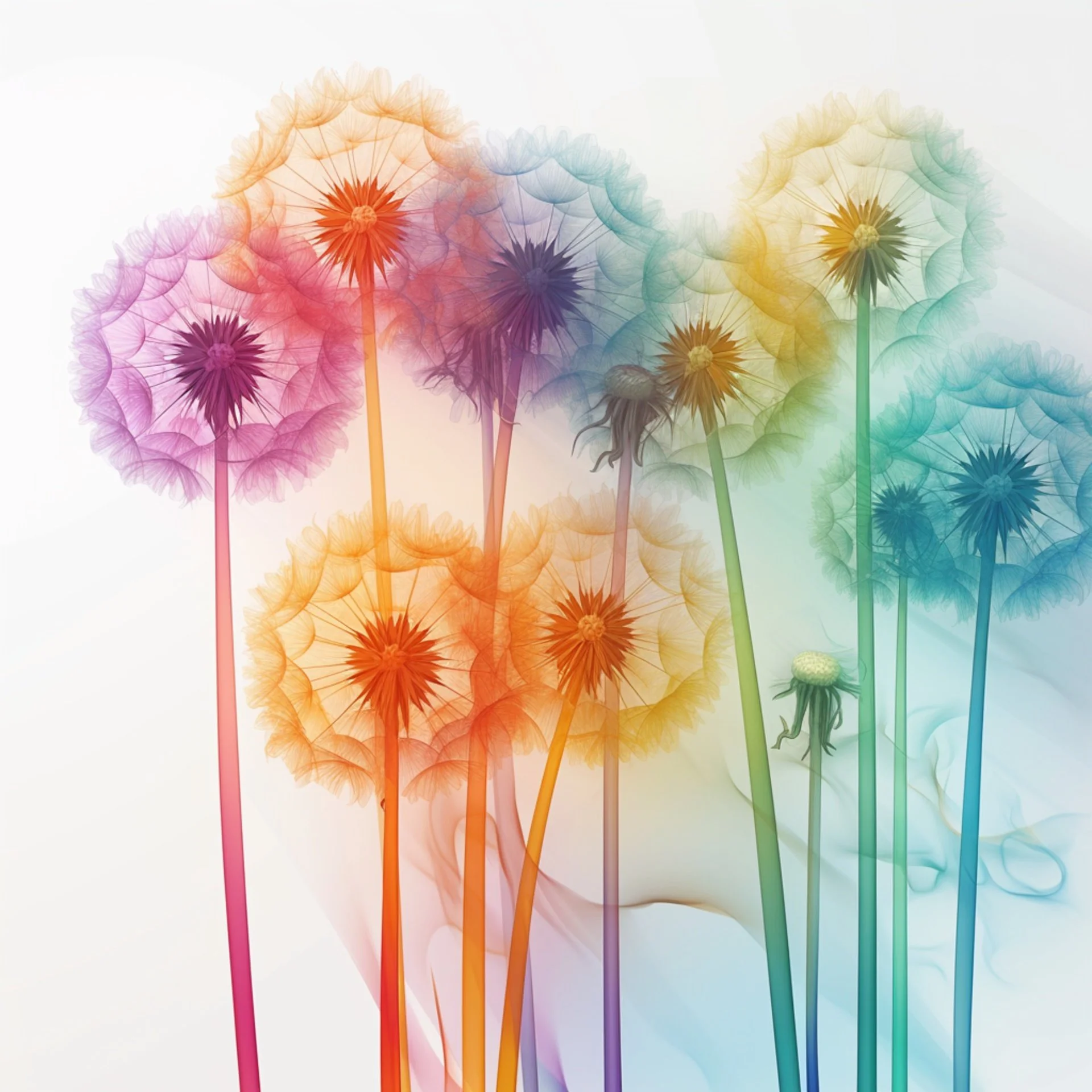 Colorful, semi-transparent dandelions in various shades of pink, orange, yellow, green, blue, and purple against a light background.