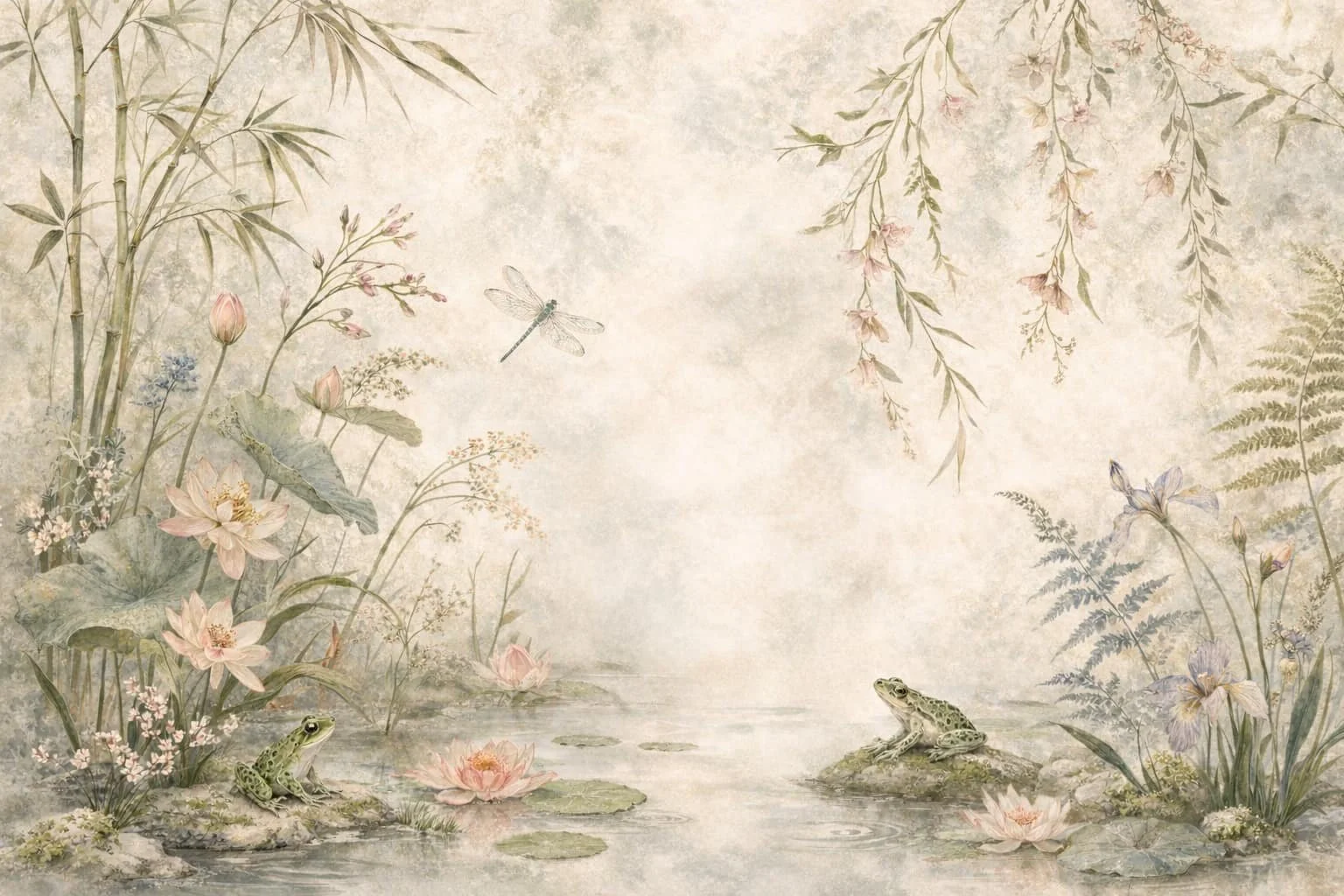 A watercolor painting of a peaceful pond scene with frogs, pink and purple water lilies, dragonflies, and various plants and ferns surrounding the water.
