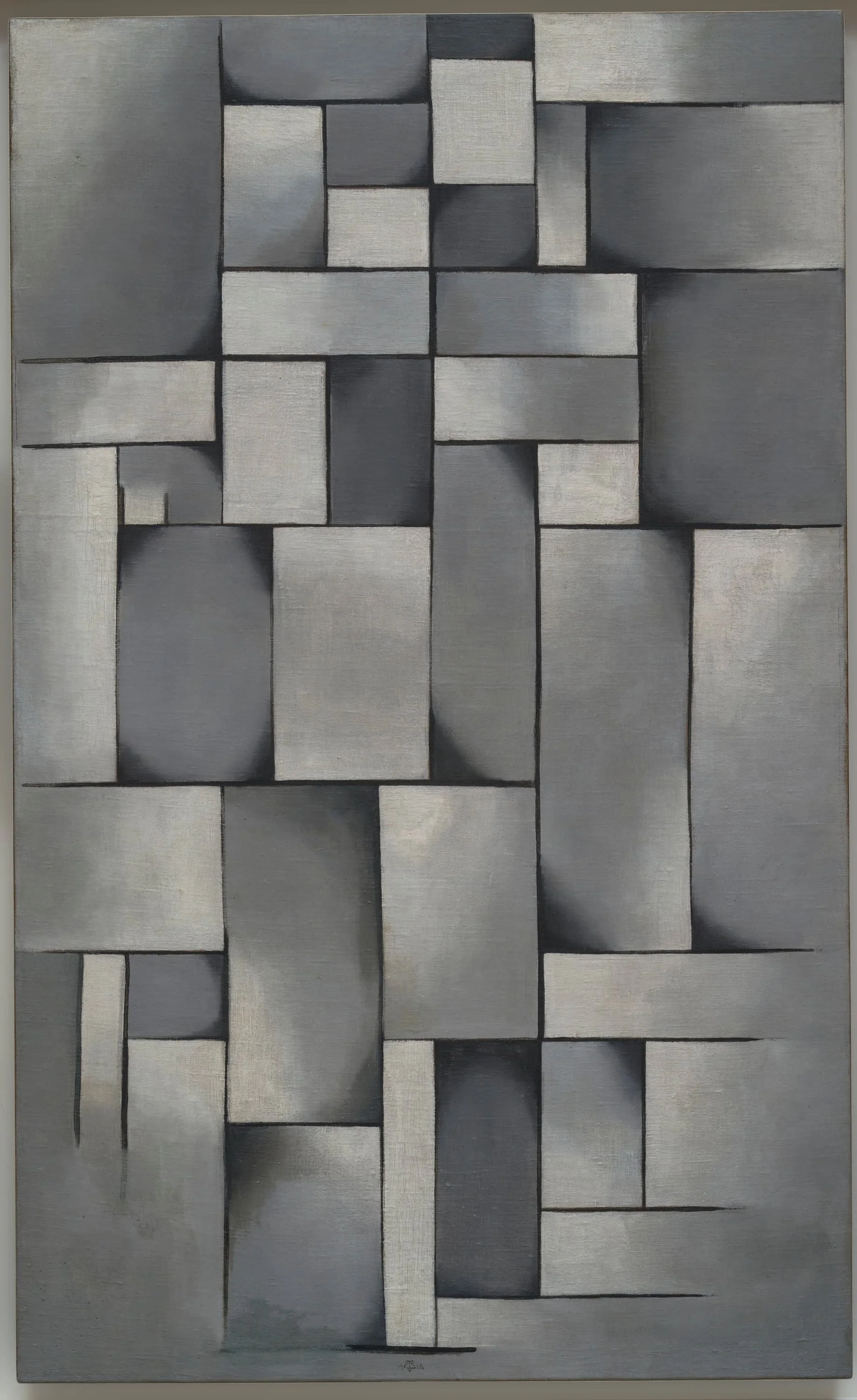 Black, gray, and white abstract geometric painting with rectangular and square shapes.