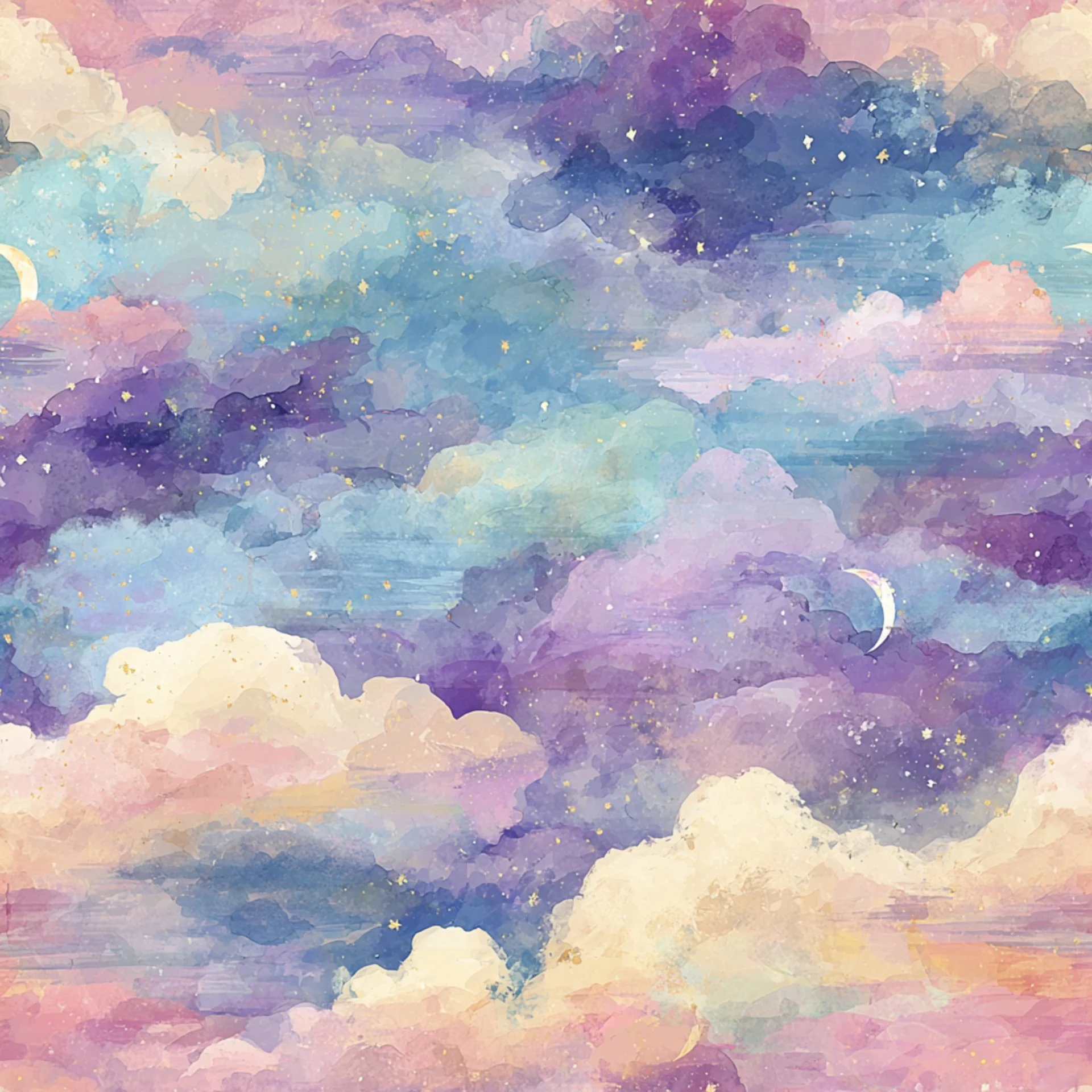 A colorful watercolor painting of a sky with fluffy clouds, a crescent moon, and stars in shades of purple, pink, blue, and yellow.