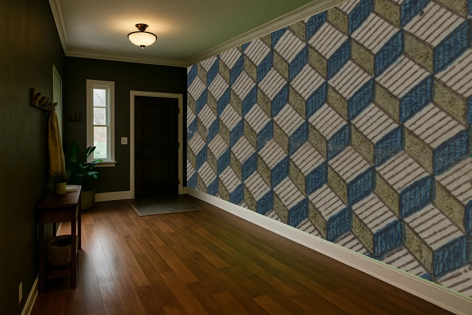 Geometric entryway wallpaper wall mural with structured pattern by front door – Pop Papel geometric seamless wallcovering for entrances