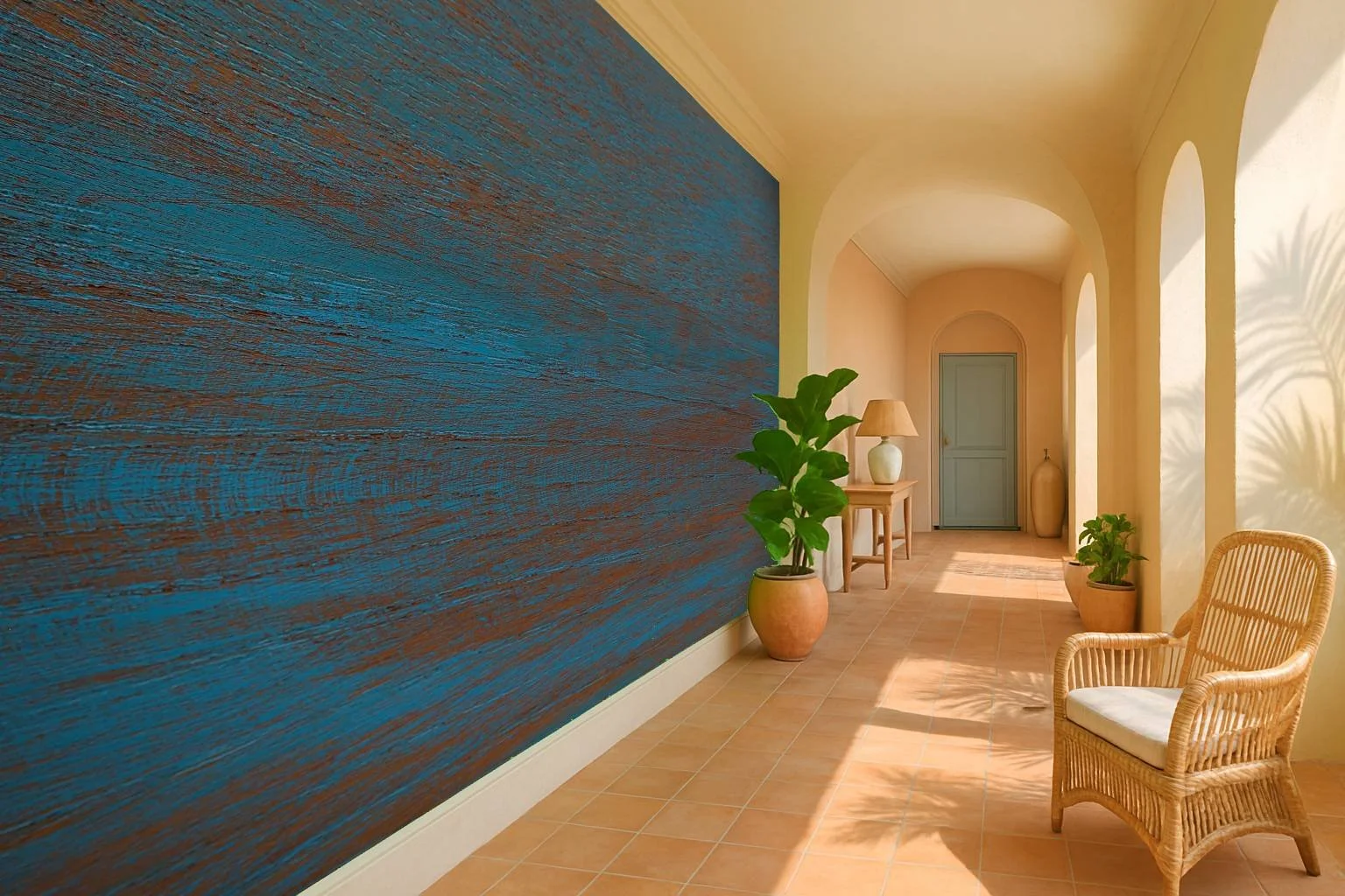Textured blue entryway wallpaper wall mural with layered artistic surface in sunlit arched hallway – Pop Papel textured seamless wallcovering for entrances