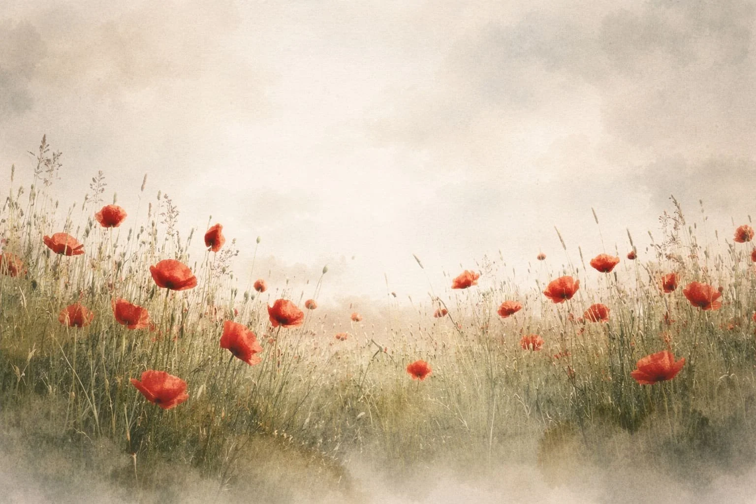 A field of red poppies against a cloudy sky with a soft, vintage filter.